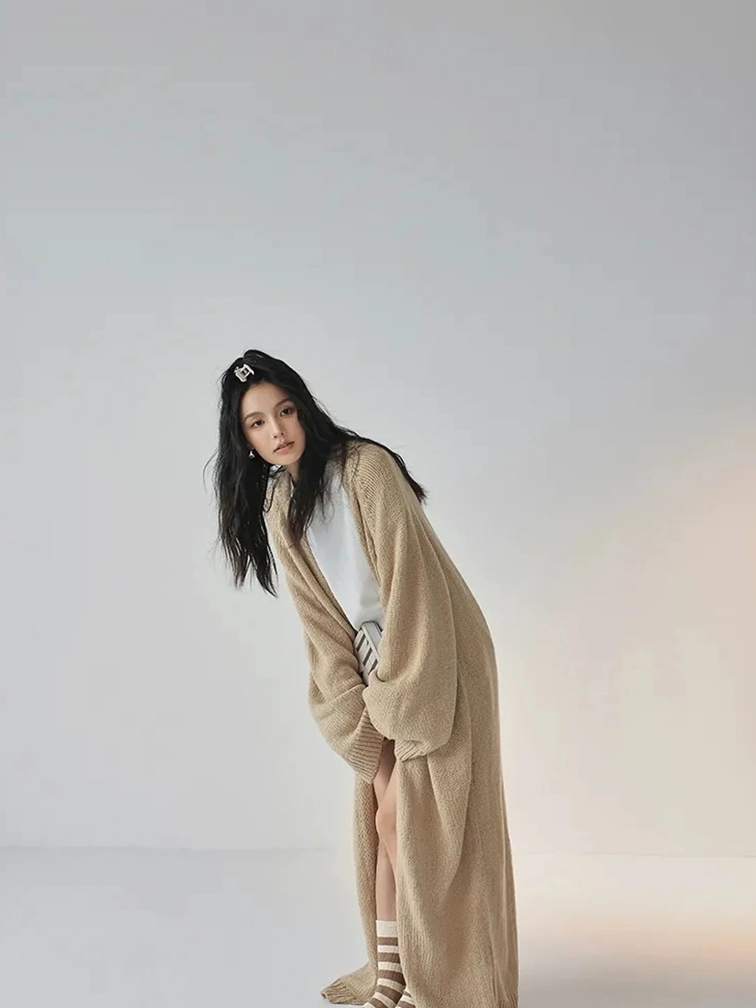 FU FRESH UP Long Wool Mohair Knit Cardigan Coat