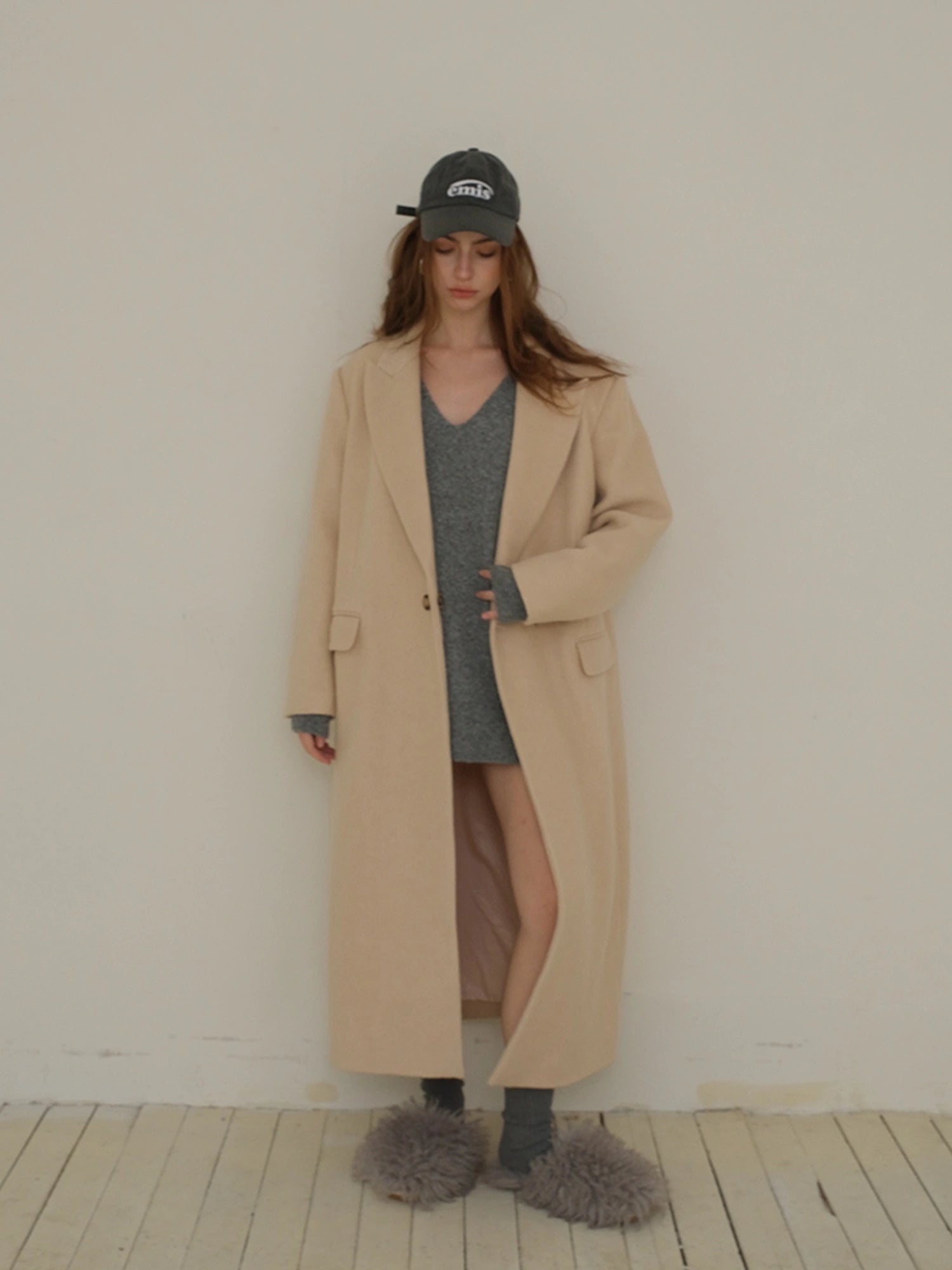 FU FRESH UP Long Wool Trench Coat With Peak Lapel