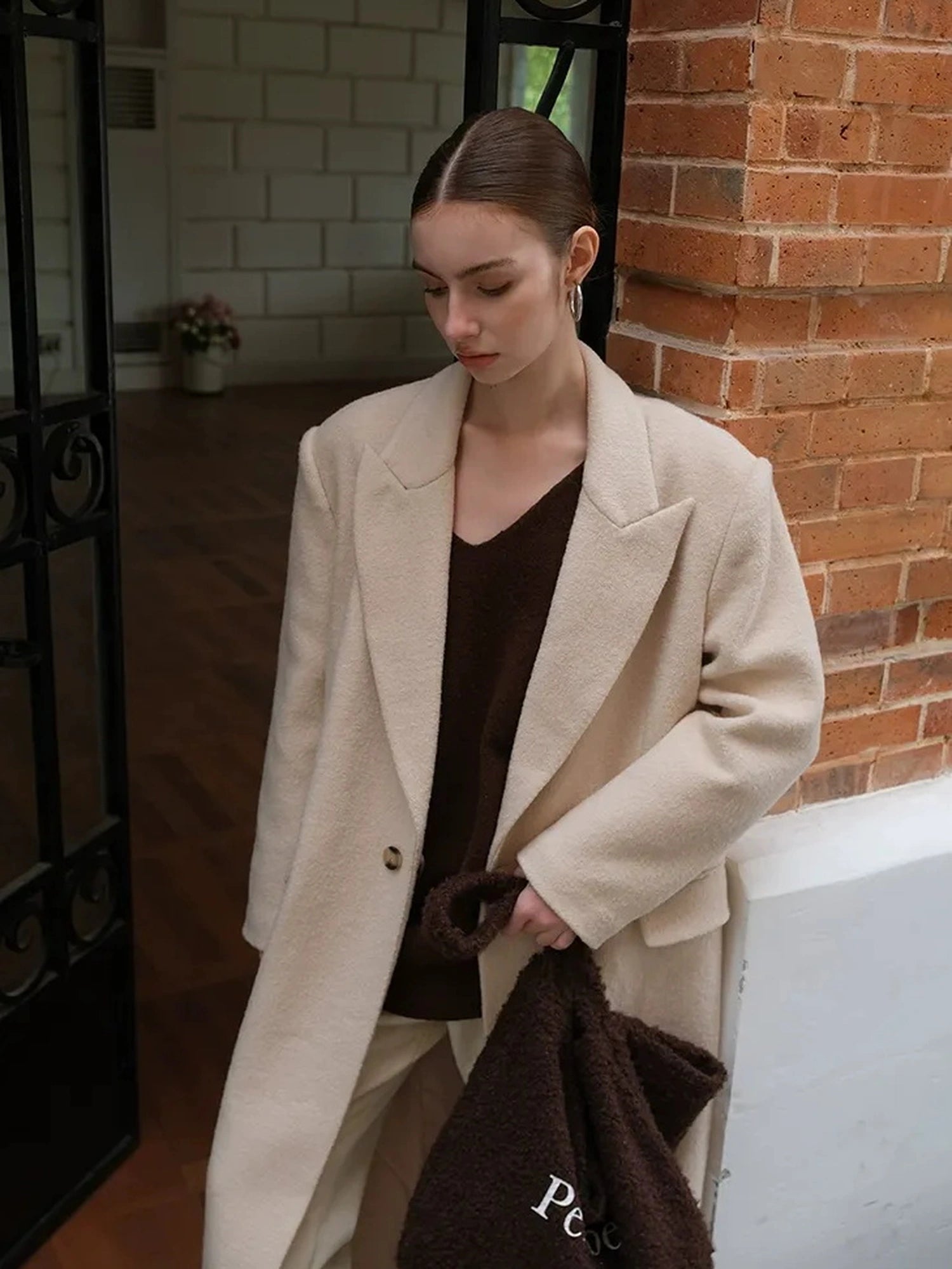 FU FRESH UP Long Wool Trench Coat With Peak Lapel
