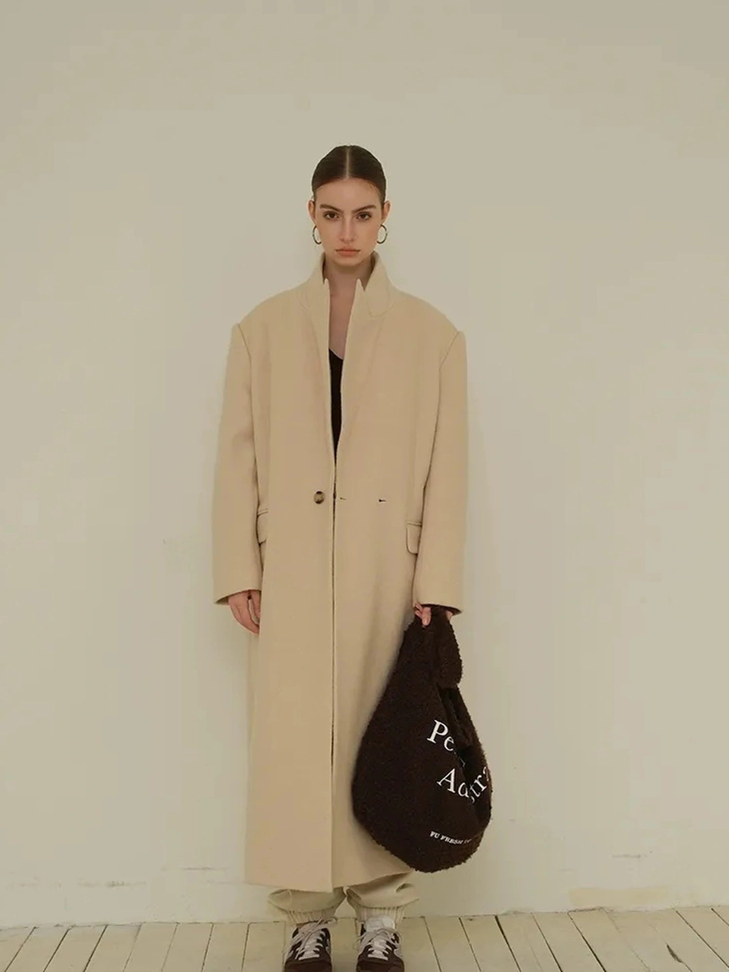 FU FRESH UP Long Wool Trench Coat With Peak Lapel