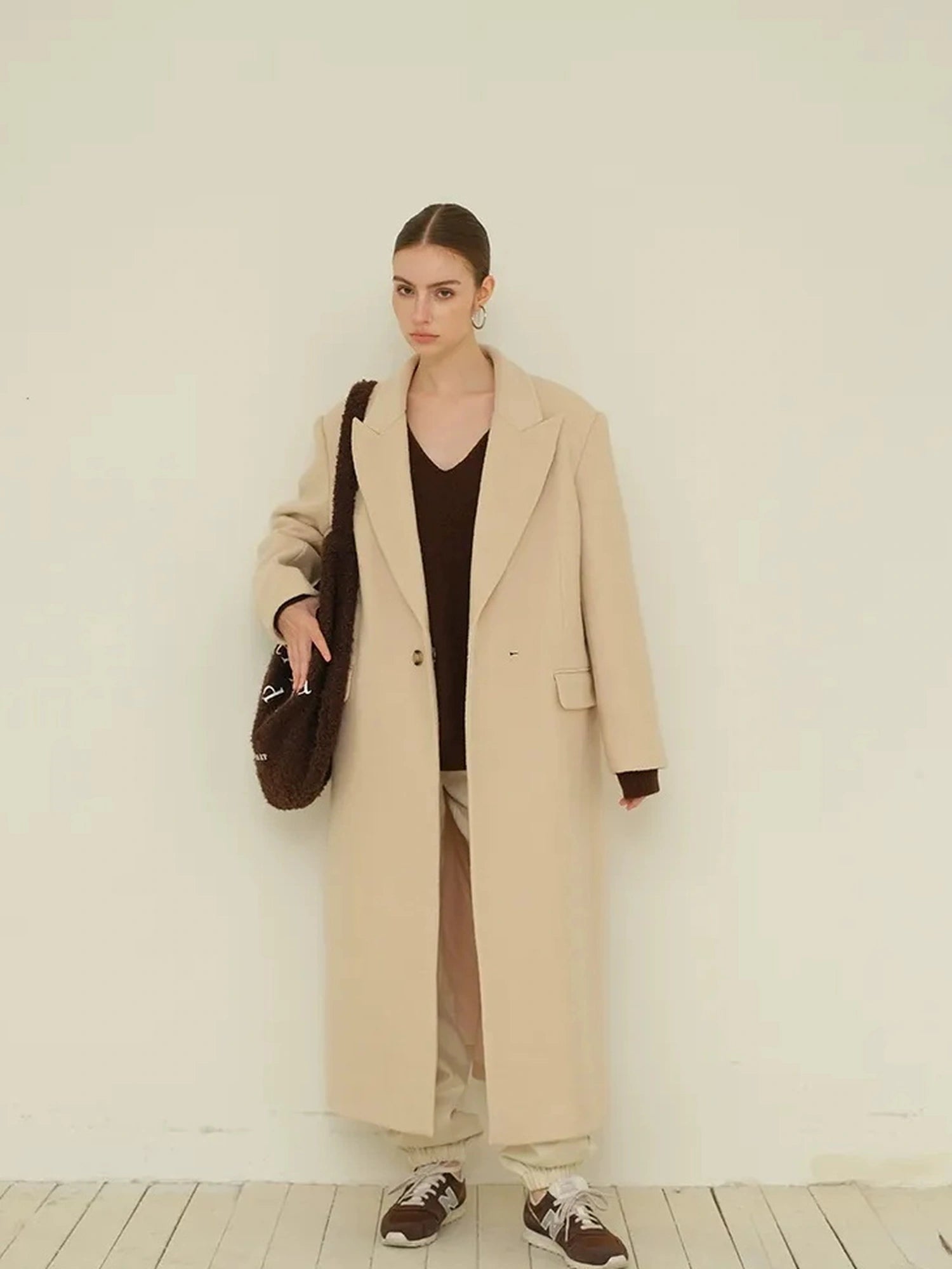 FU FRESH UP Long Wool Trench Coat With Peak Lapel