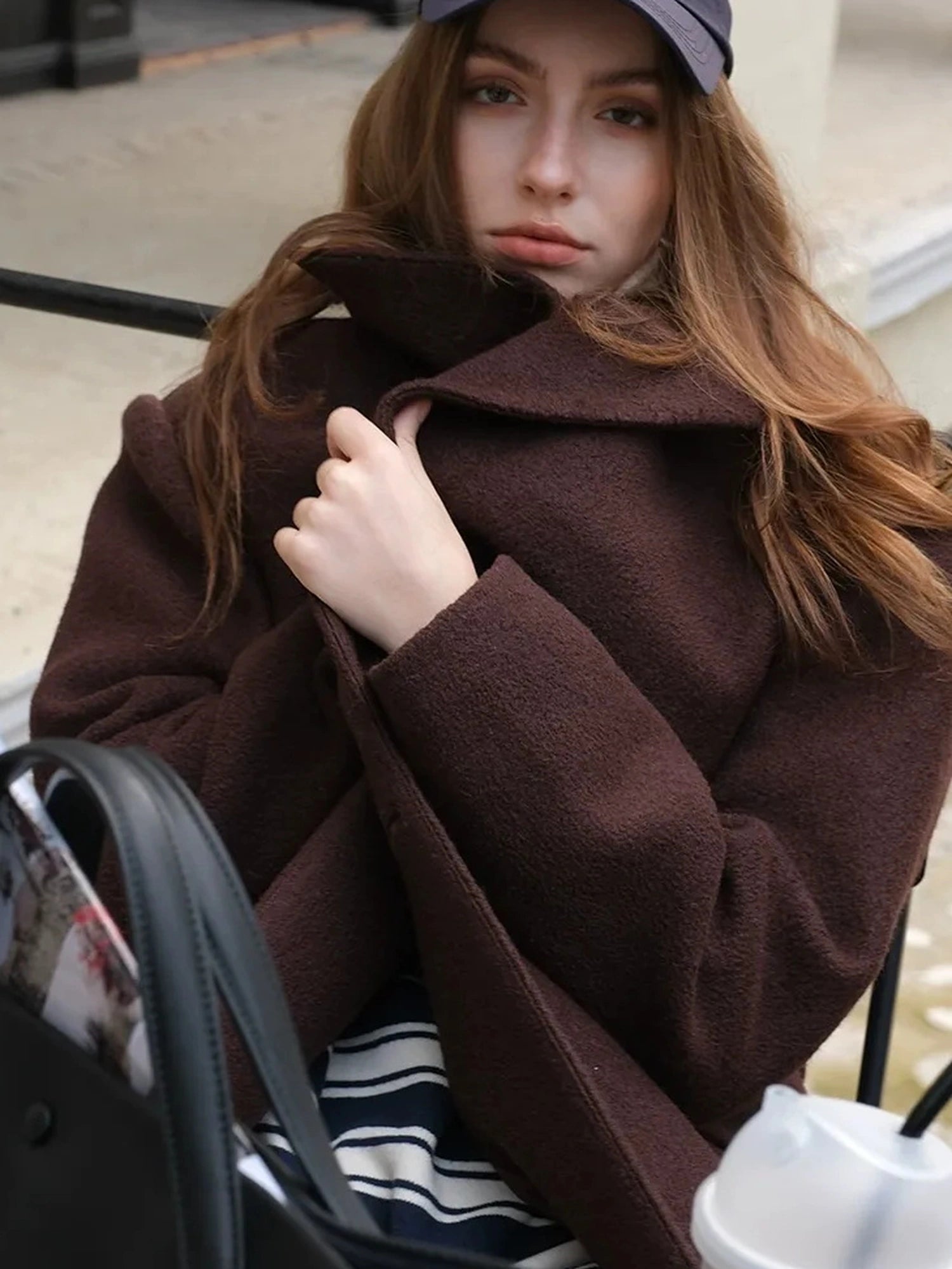 FU FRESH UP Long Wool Trench Coat With Peak Lapel