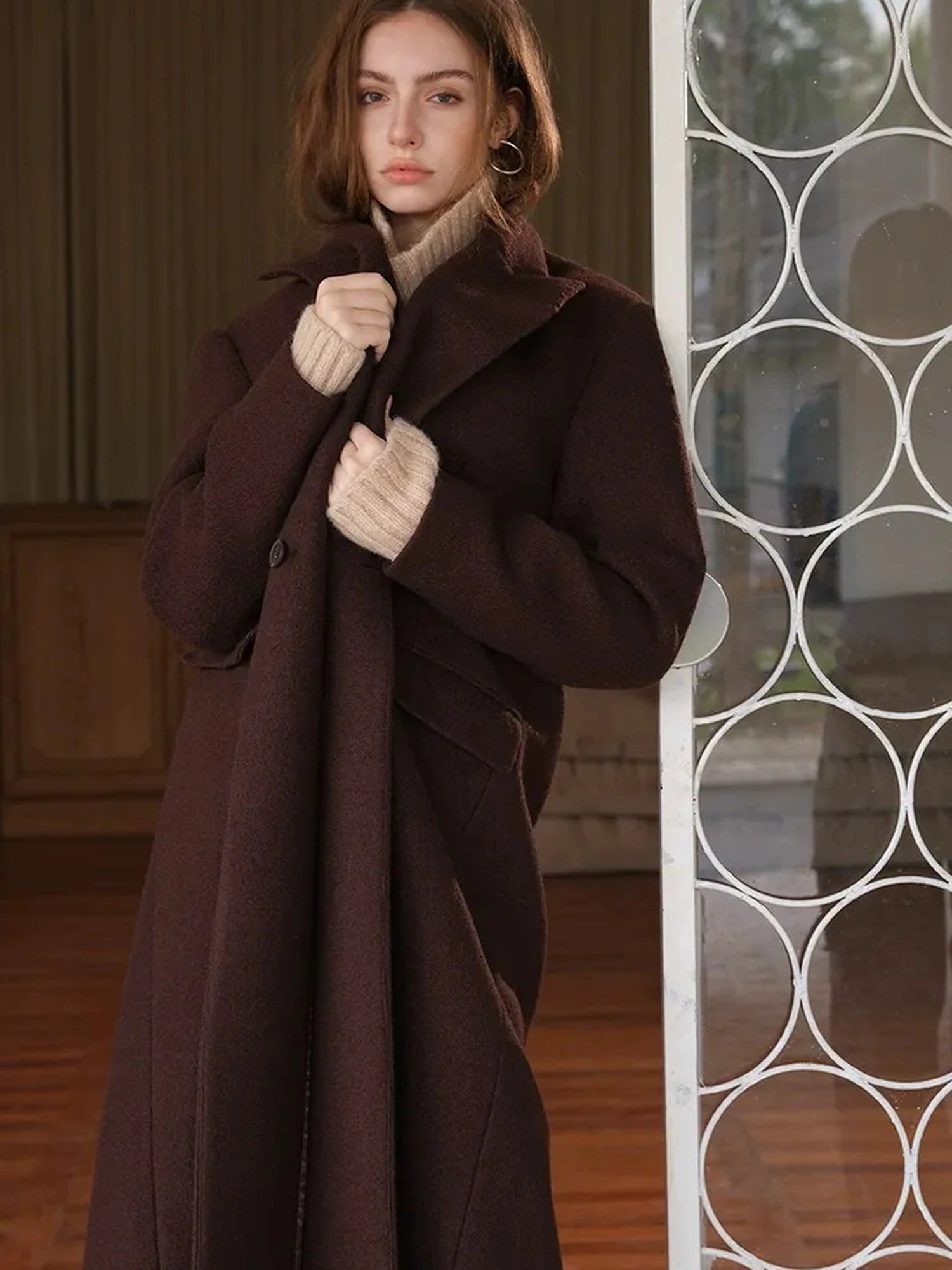 FU FRESH UP Long Wool Trench Coat With Peak Lapel