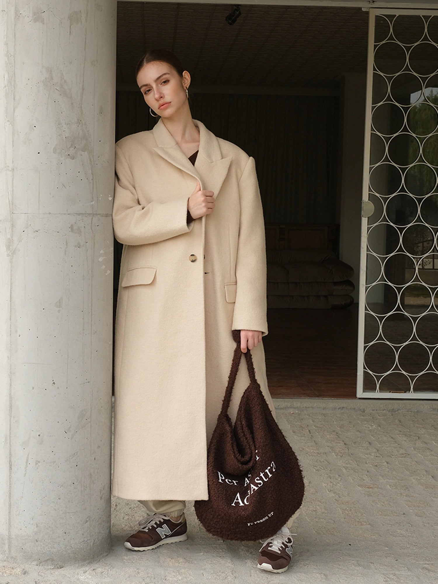FU FRESH UP Long Wool Trench Coat With Peak Lapel