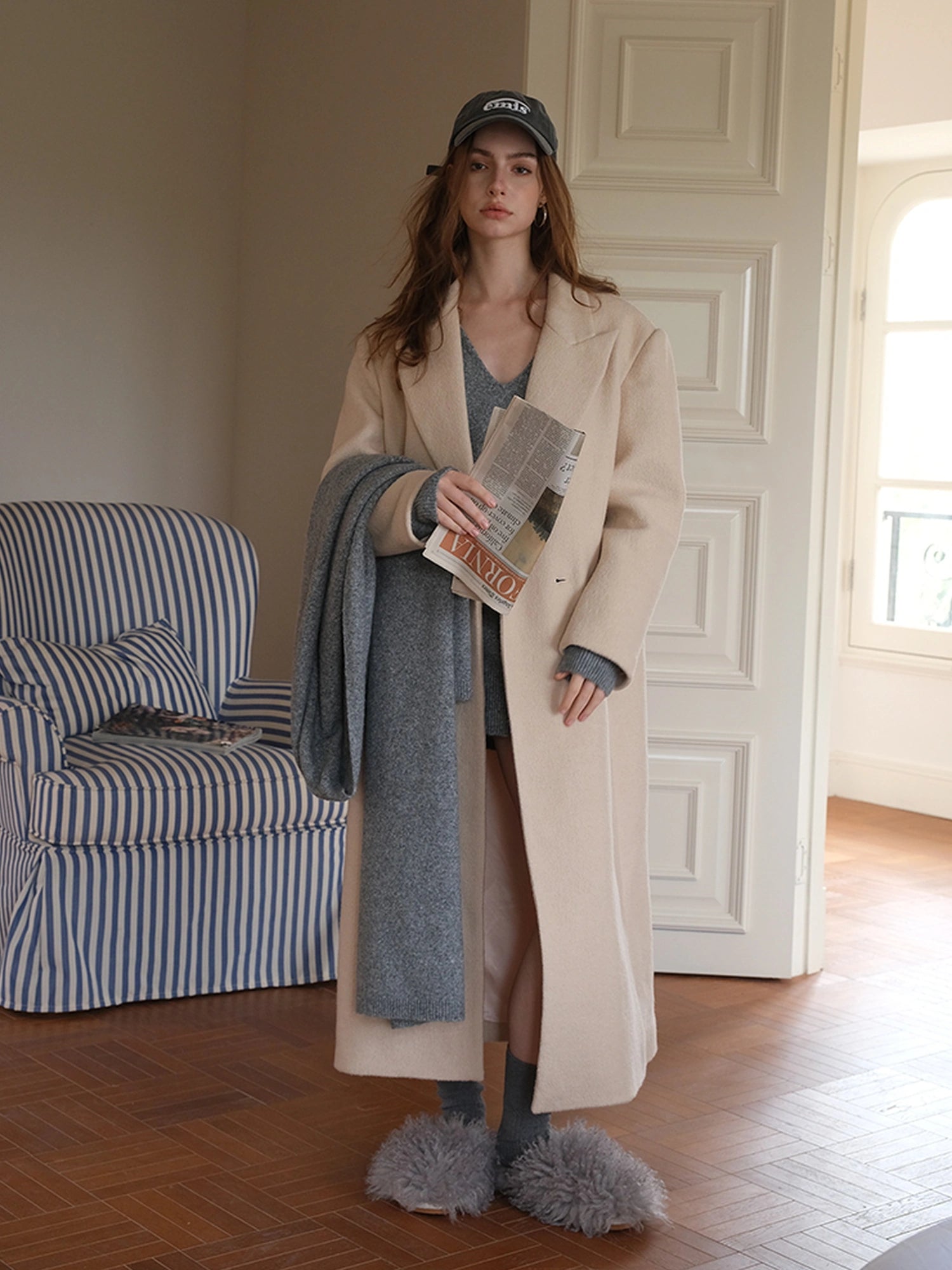 FU FRESH UP Long Wool Trench Coat With Peak Lapel