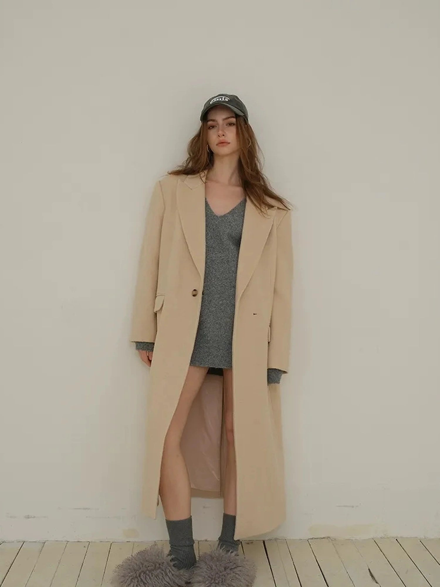 FU FRESH UP Long Wool Trench Coat With Peak Lapel