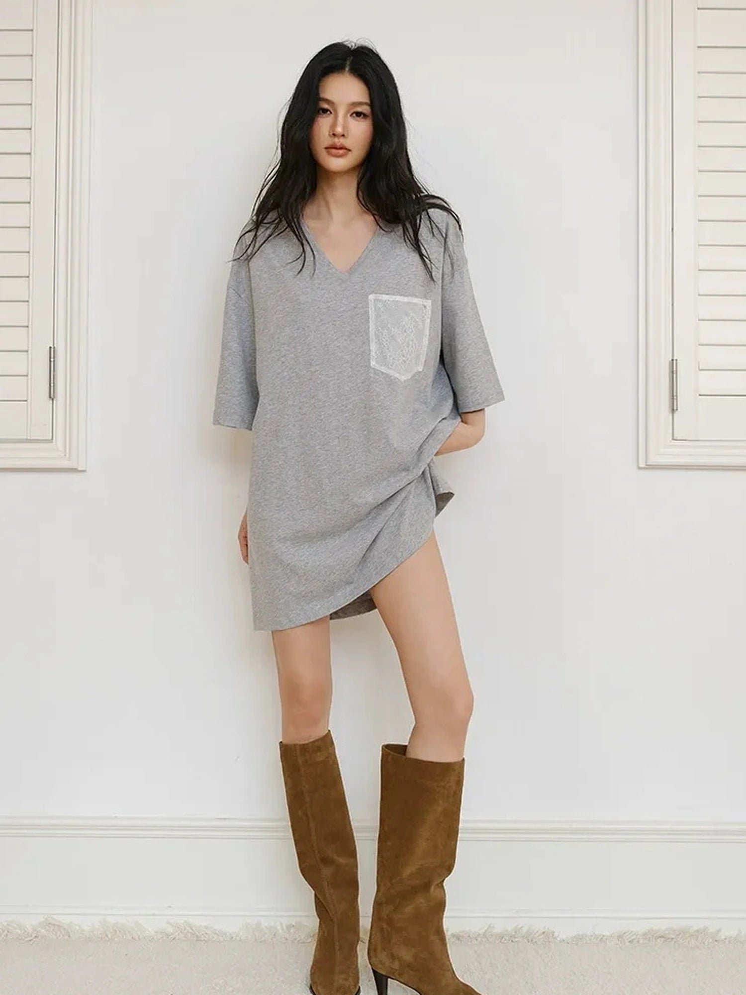 FU FRESH UP Loose V-Neck Hemp Cotton Lace Trim Pocket Tee