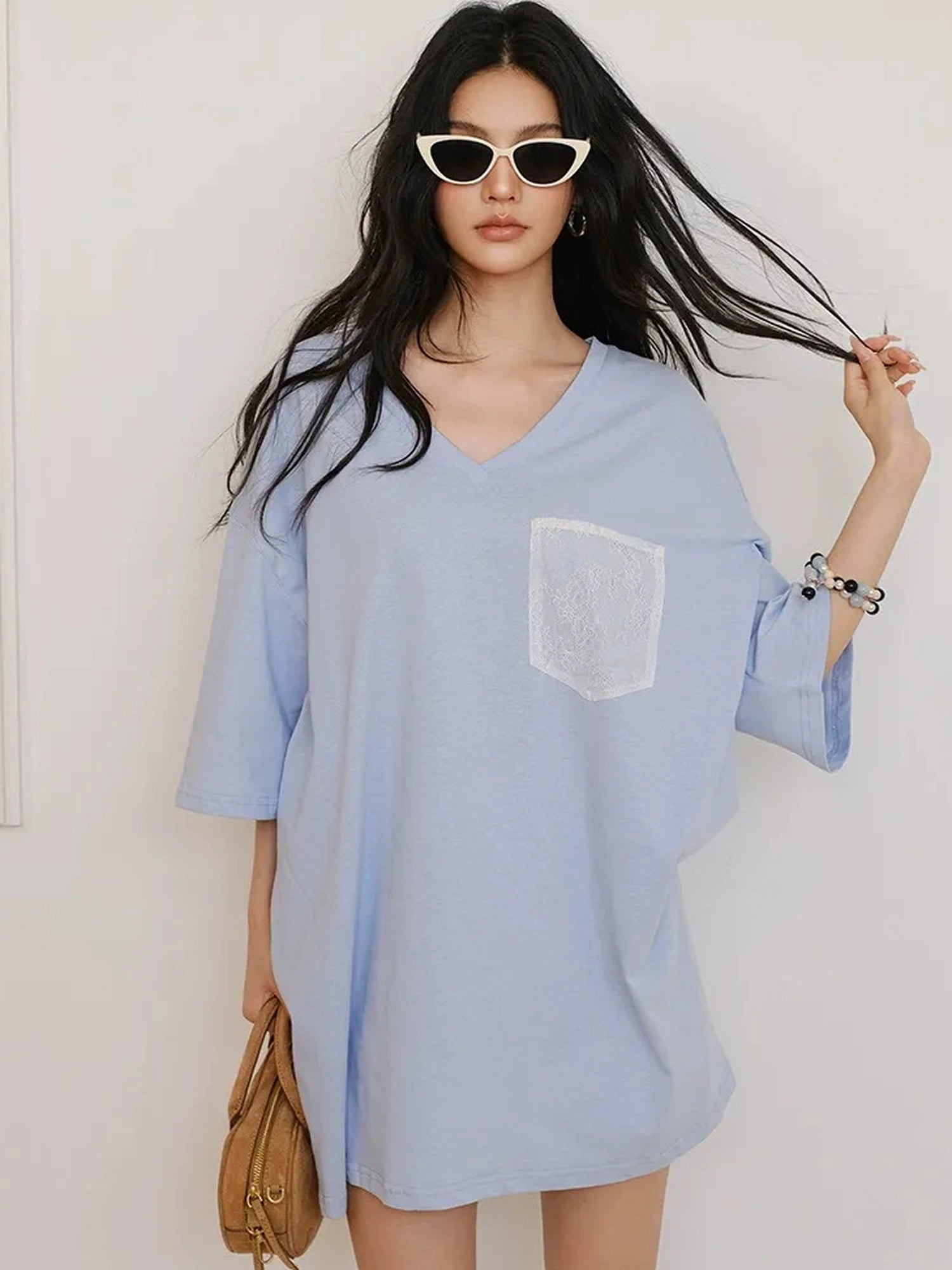 FU FRESH UP Loose V-Neck Hemp Cotton Lace Trim Pocket Tee