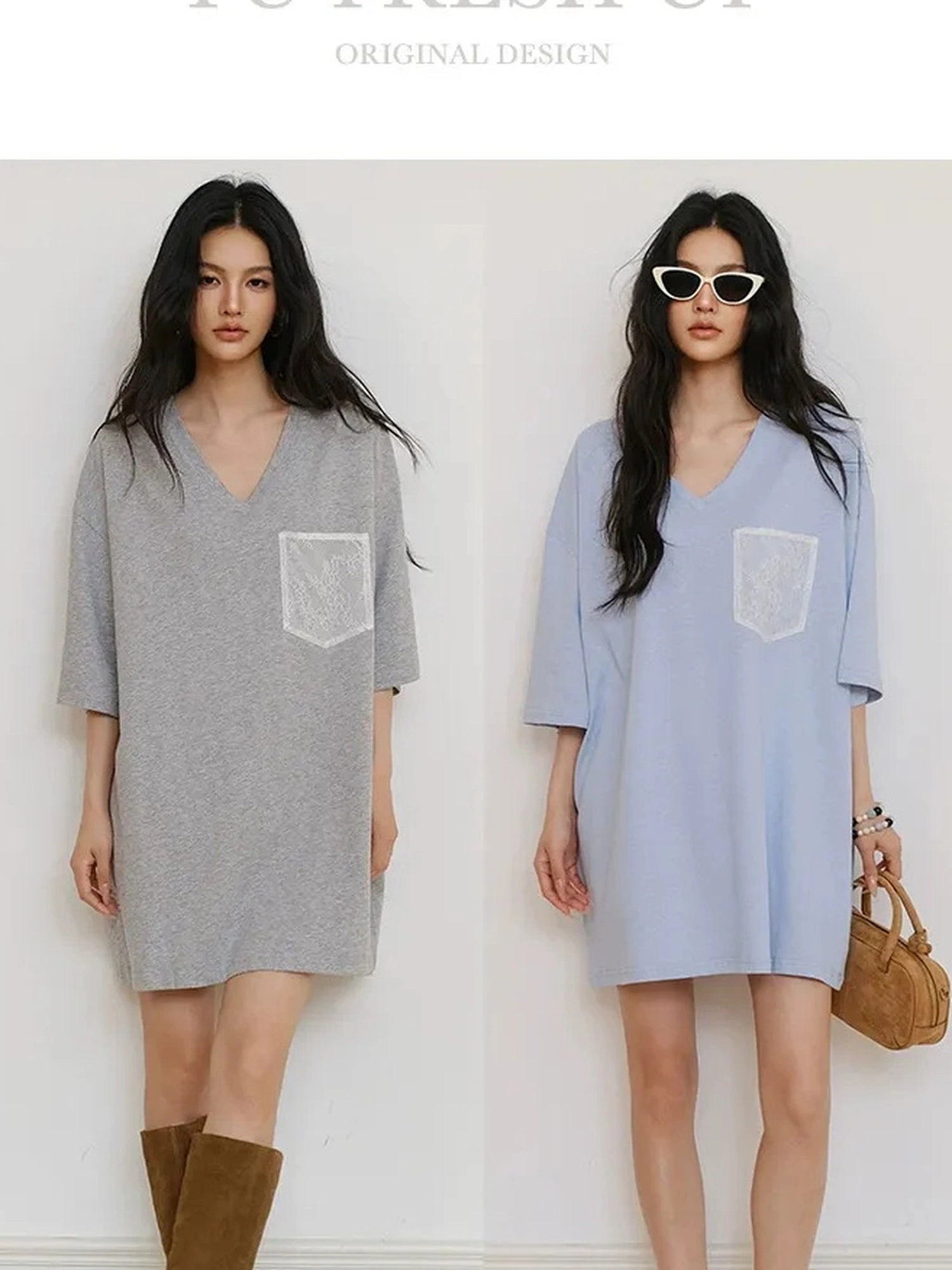 FU FRESH UP Loose V-Neck Hemp Cotton Lace Trim Pocket Tee