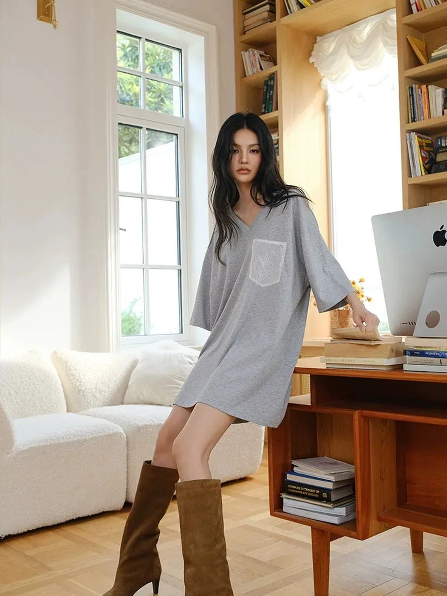 FU FRESH UP Loose V-Neck Hemp Cotton Lace Trim Pocket Tee