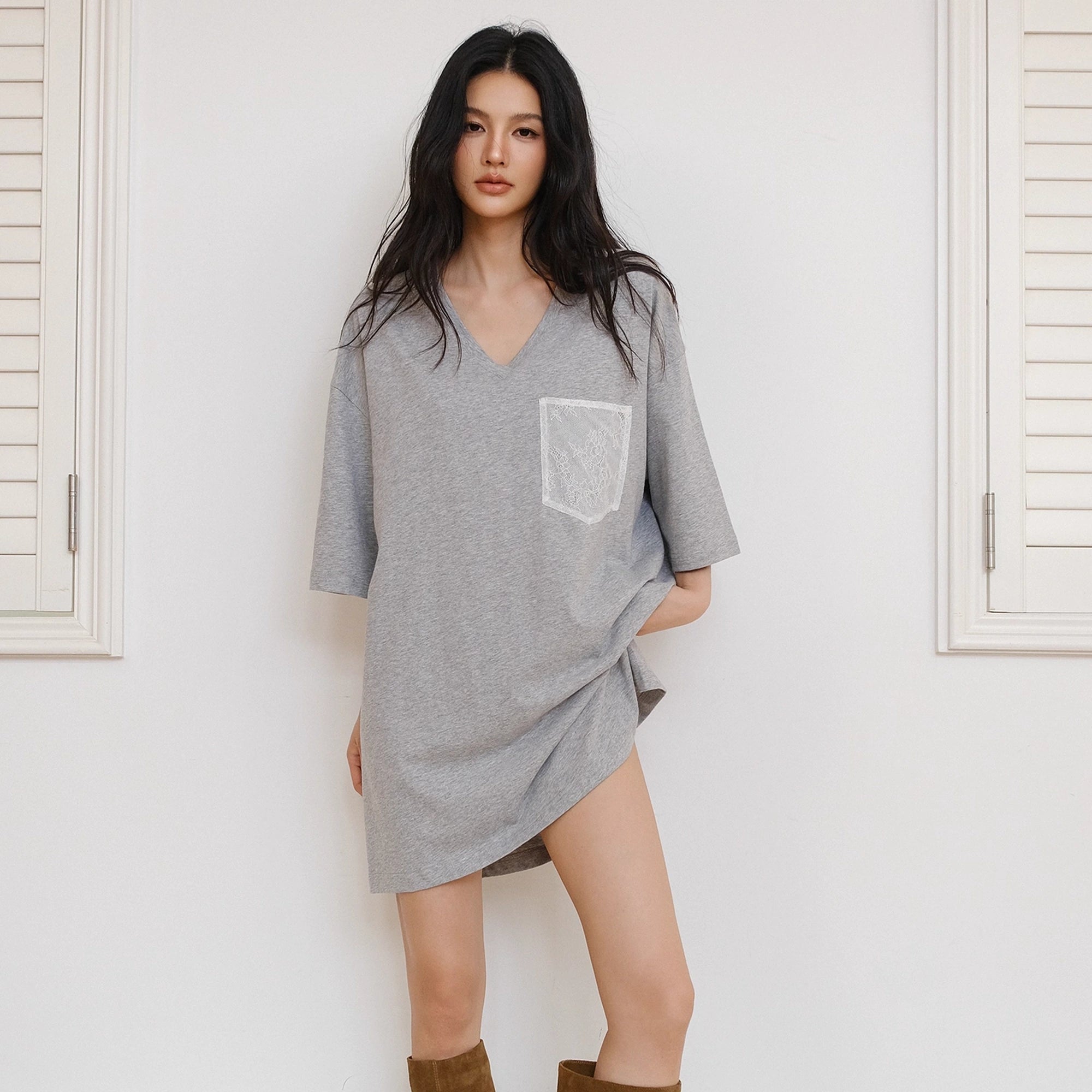 FU_FRESH_UP_Loose_V-Neck_Hemp_Cotton_Lace_Trim_Pocket_Tee_MISSTT