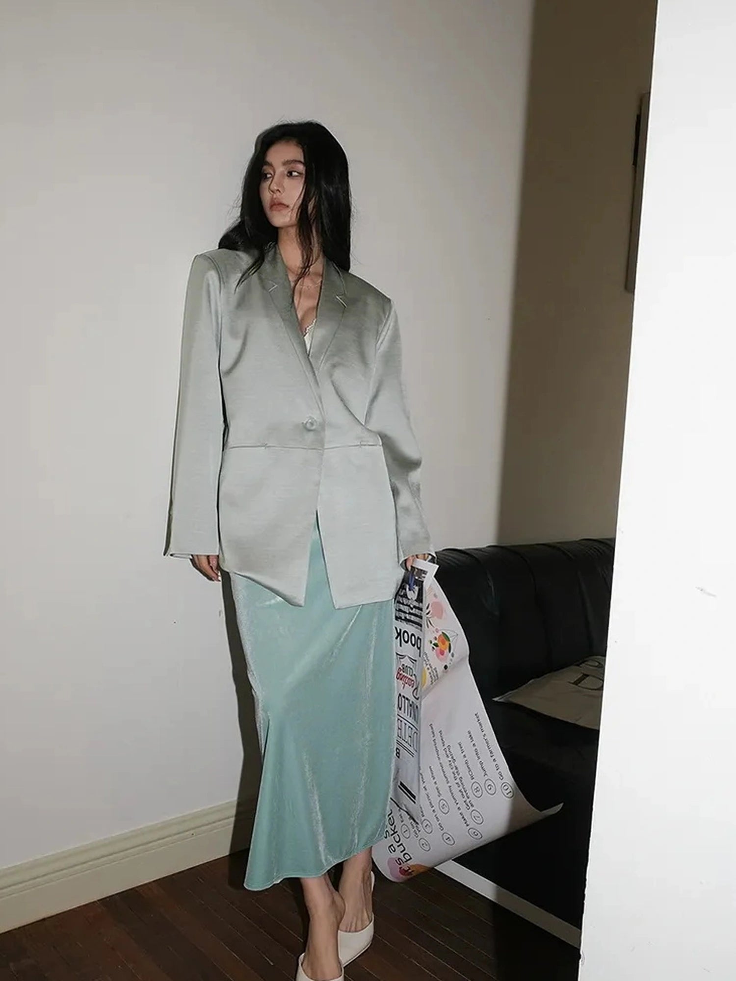 FU FRESH UP Luxury Satin Acetate Tailored Blazer