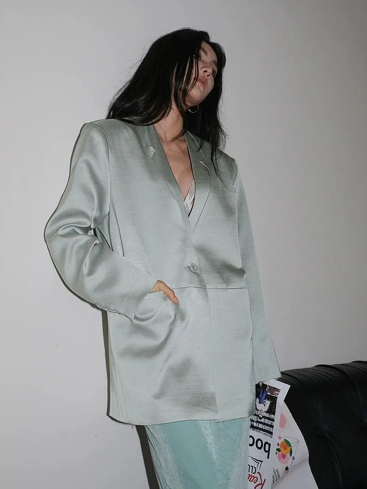 FU FRESH UP Luxury Satin Acetate Tailored Blazer