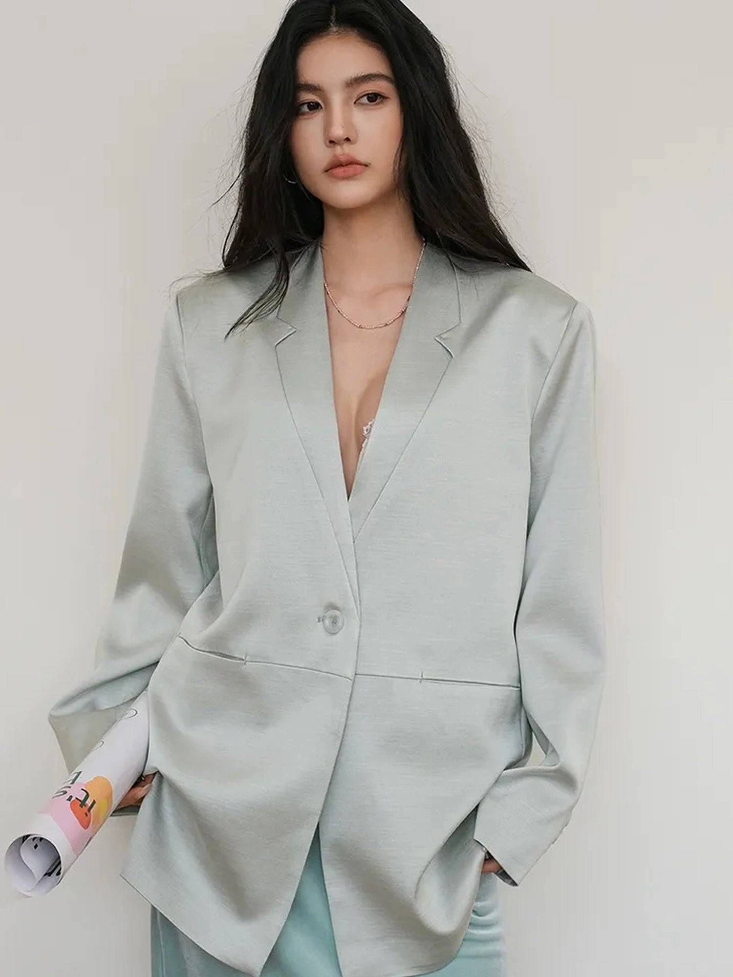 FU FRESH UP Luxury Satin Acetate Tailored Blazer