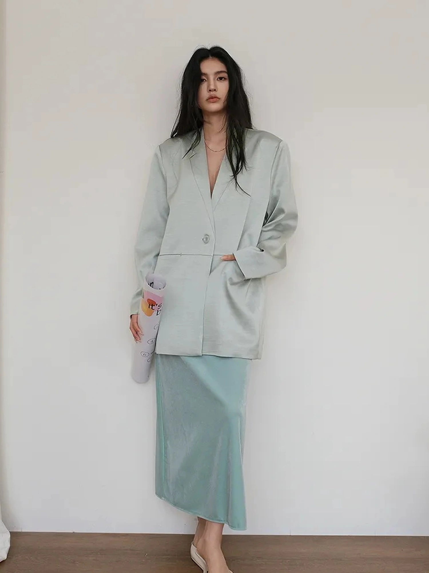FU FRESH UP Luxury Satin Acetate Tailored Blazer