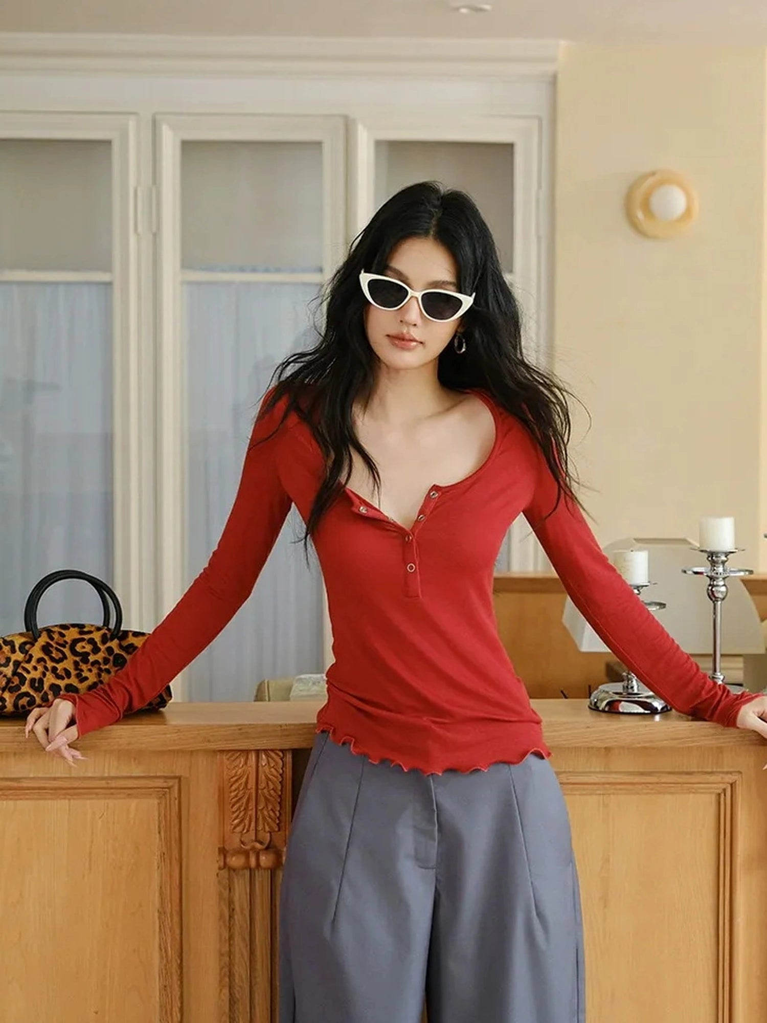 FU FRESH UP Lyocell Wool Henley Knit Top