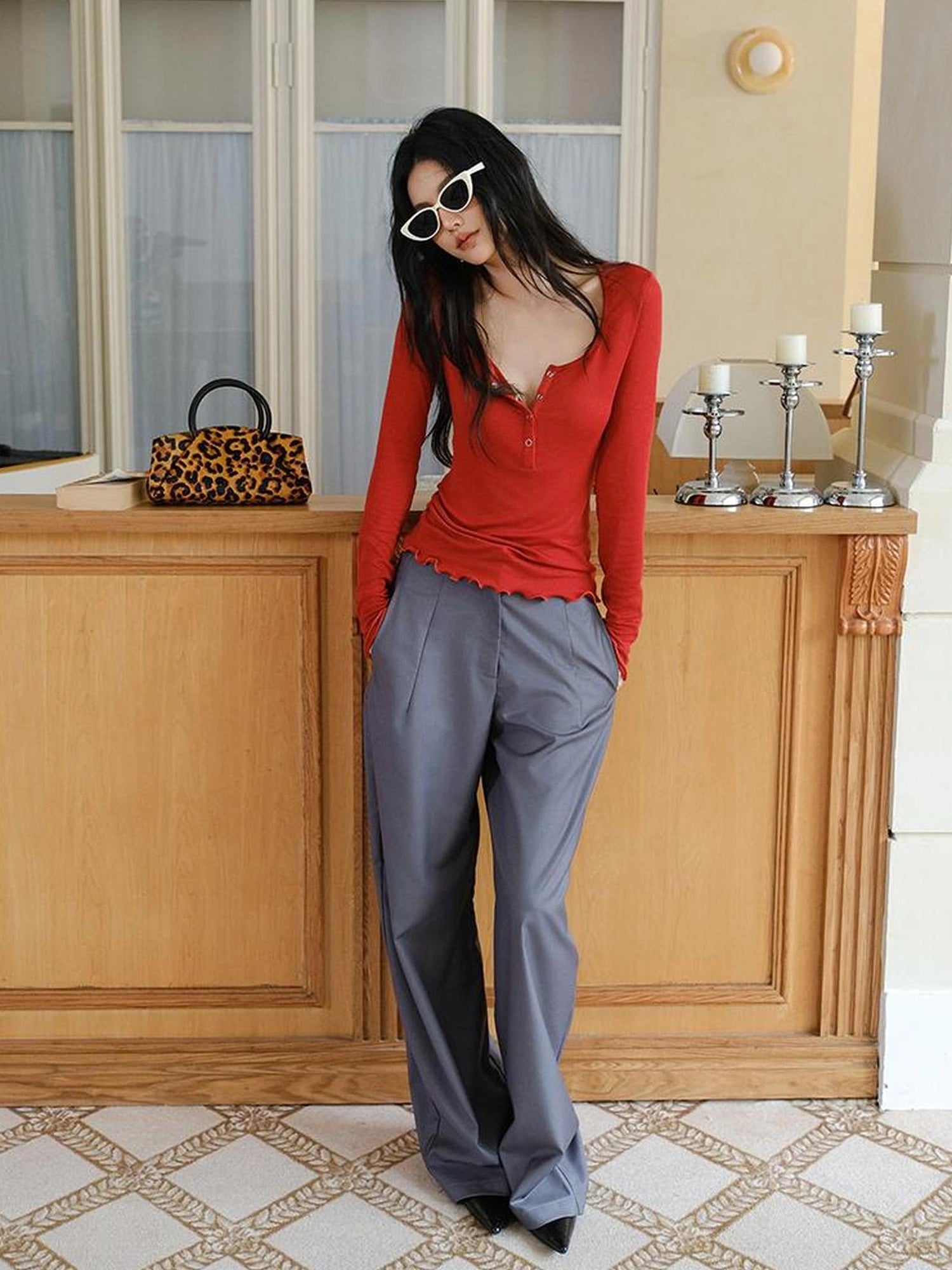 FU FRESH UP Lyocell Wool Henley Knit Top