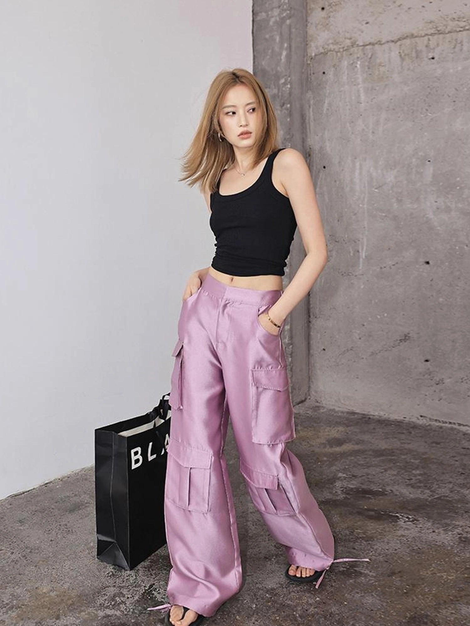 FU FRESH UP Matte Satin Cargo Wide Leg Pants