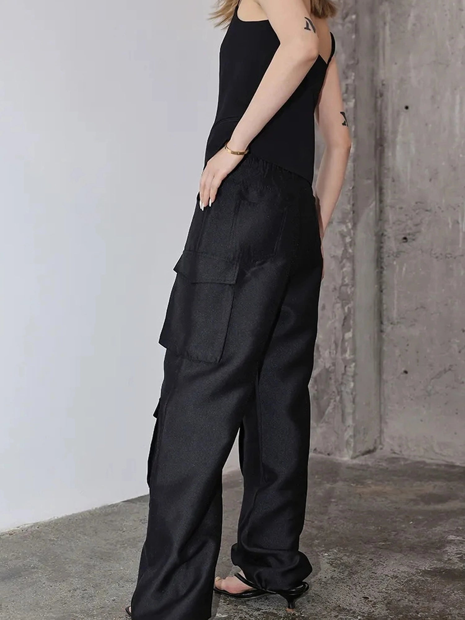 FU FRESH UP Matte Satin Cargo Wide Leg Pants