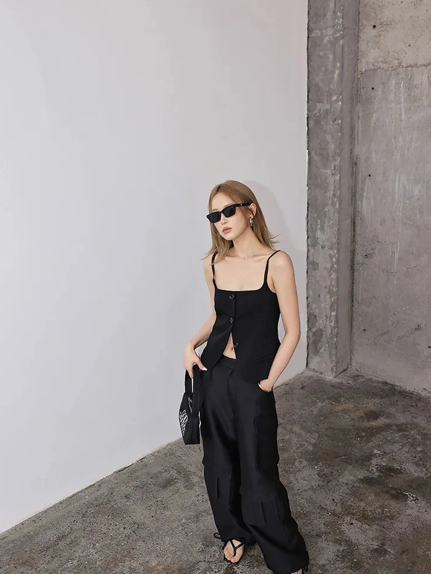 FU FRESH UP Matte Satin Cargo Wide Leg Pants