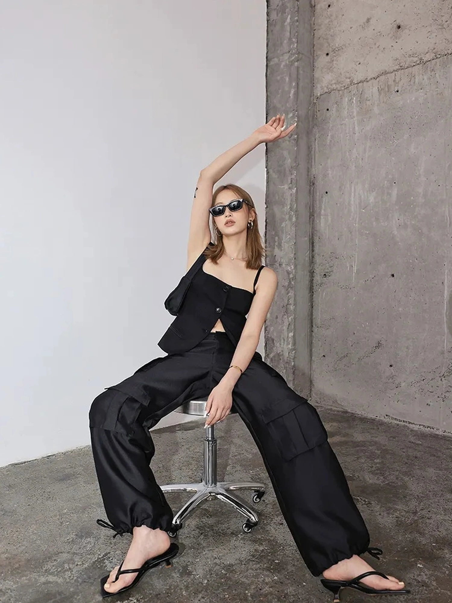 FU FRESH UP Matte Satin Cargo Wide Leg Pants