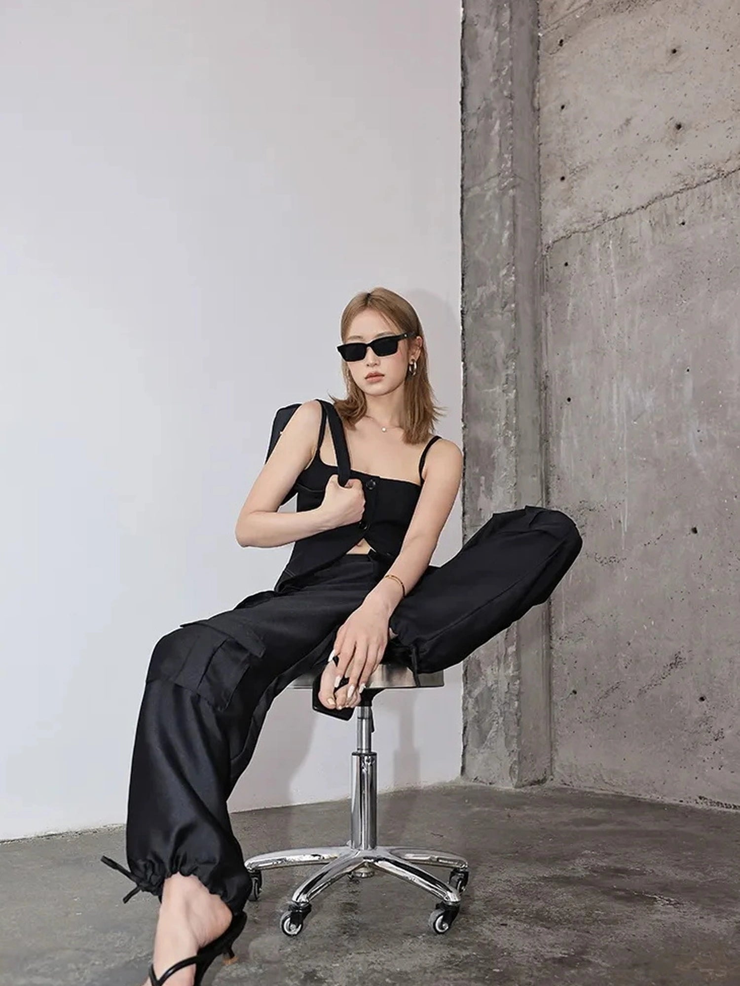 FU FRESH UP Matte Satin Cargo Wide Leg Pants