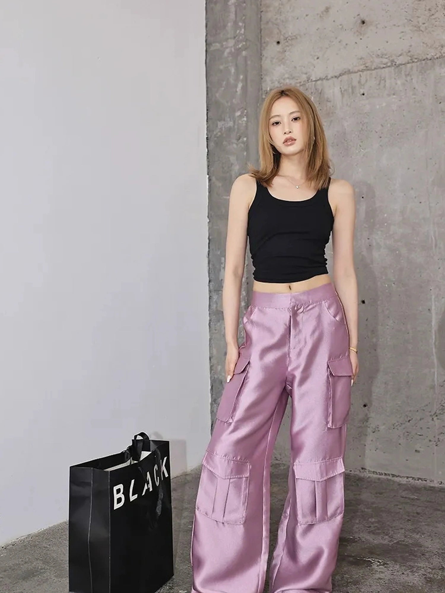 FU FRESH UP Matte Satin Cargo Wide Leg Pants