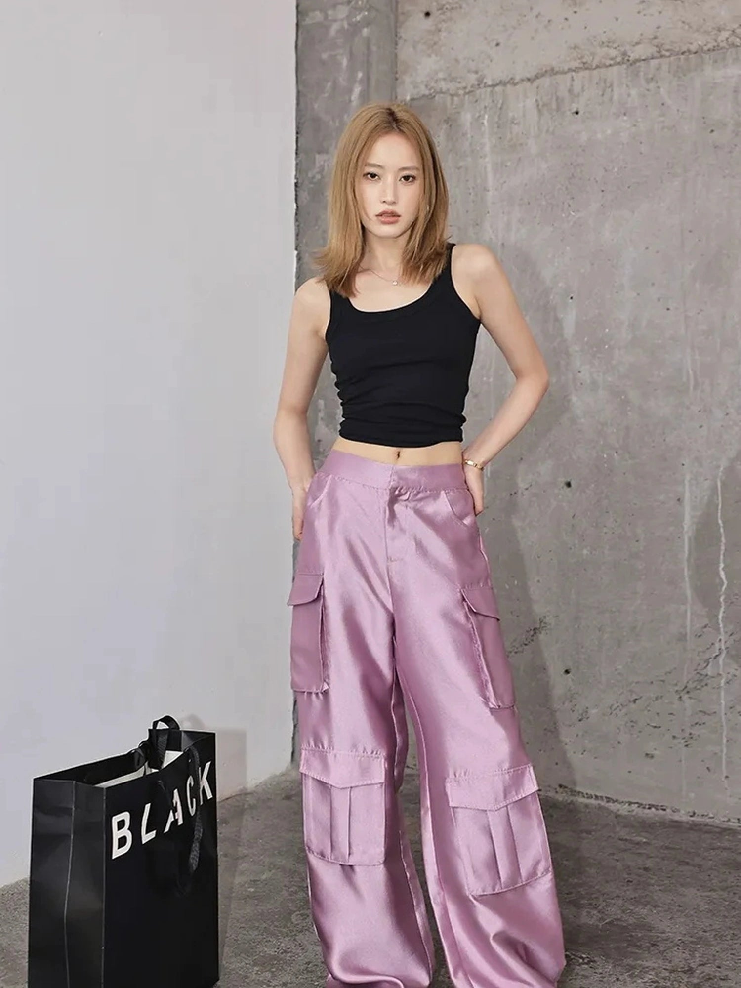 FU FRESH UP Matte Satin Cargo Wide Leg Pants
