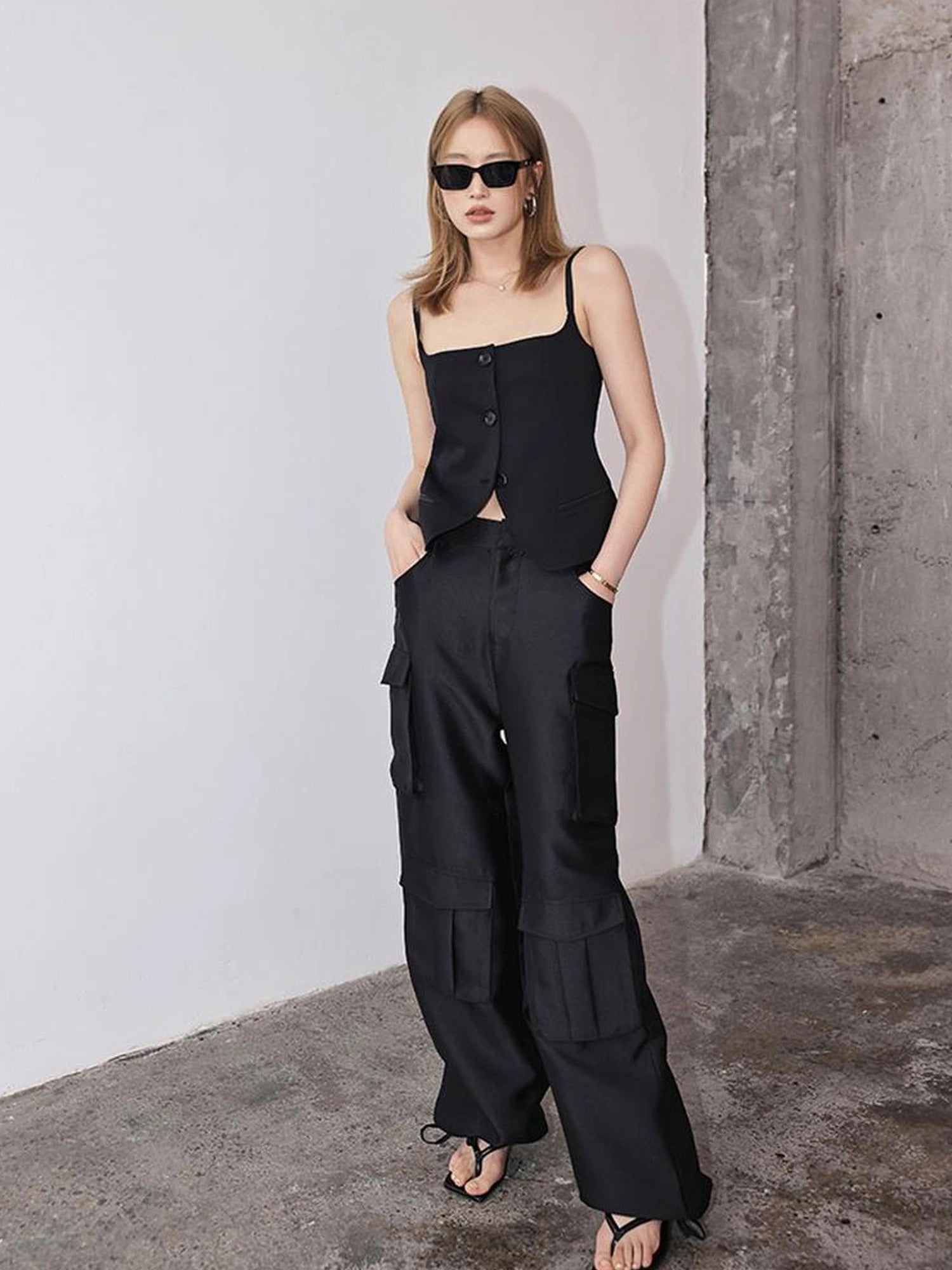 FU FRESH UP Matte Satin Cargo Wide Leg Pants