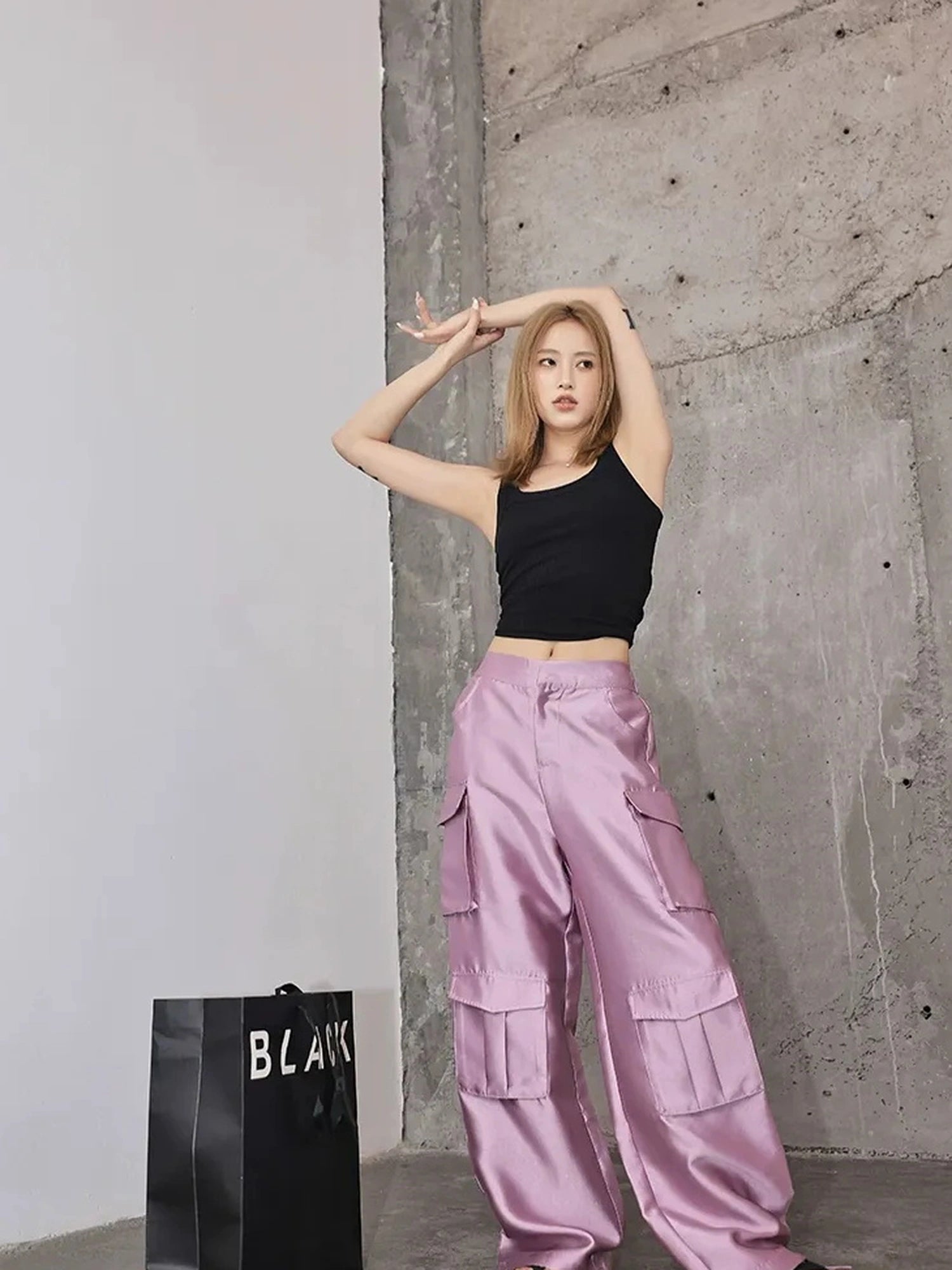 FU FRESH UP Matte Satin Cargo Wide Leg Pants