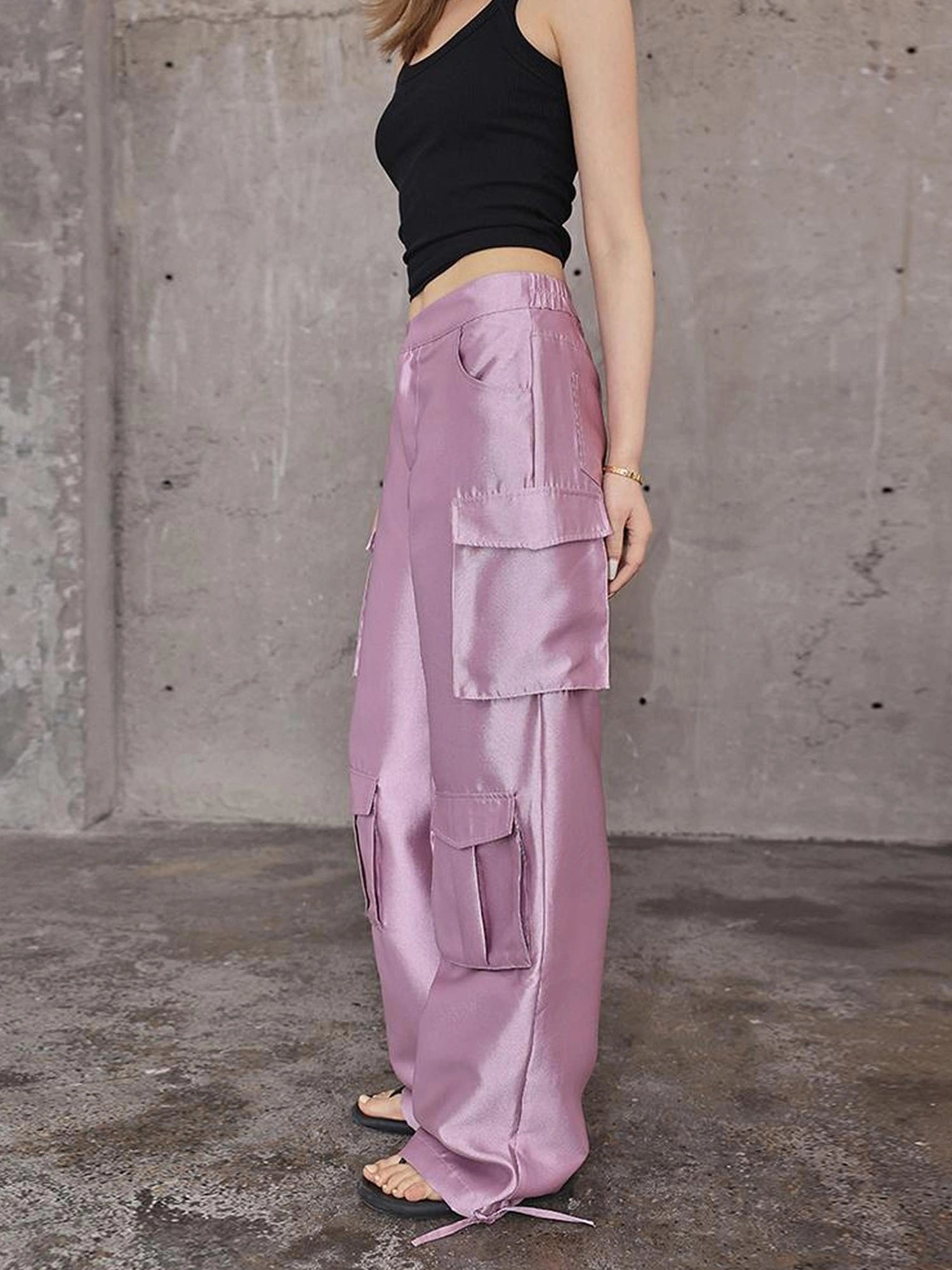 FU FRESH UP Matte Satin Cargo Wide Leg Pants