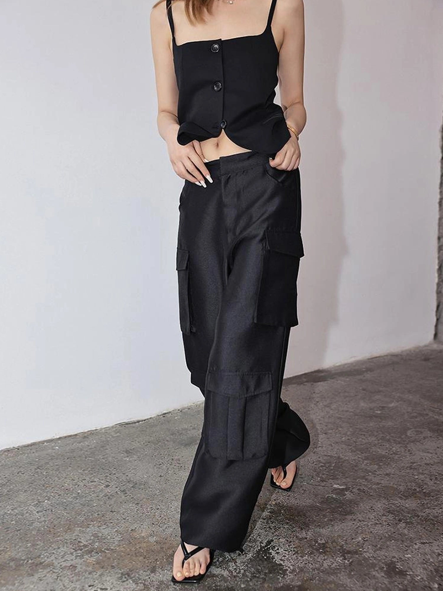FU FRESH UP Matte Satin Cargo Wide Leg Pants