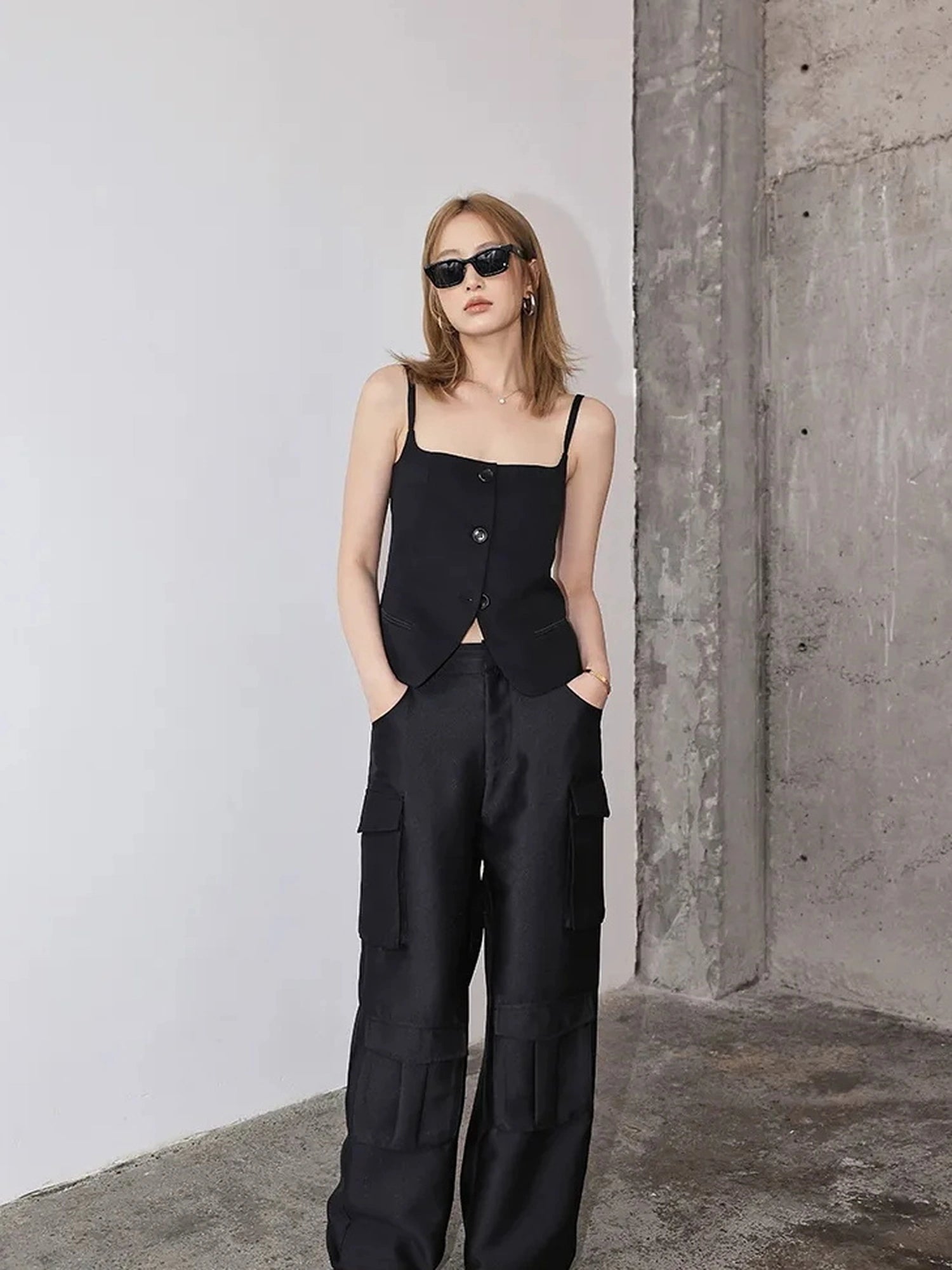 FU FRESH UP Matte Satin Cargo Wide Leg Pants