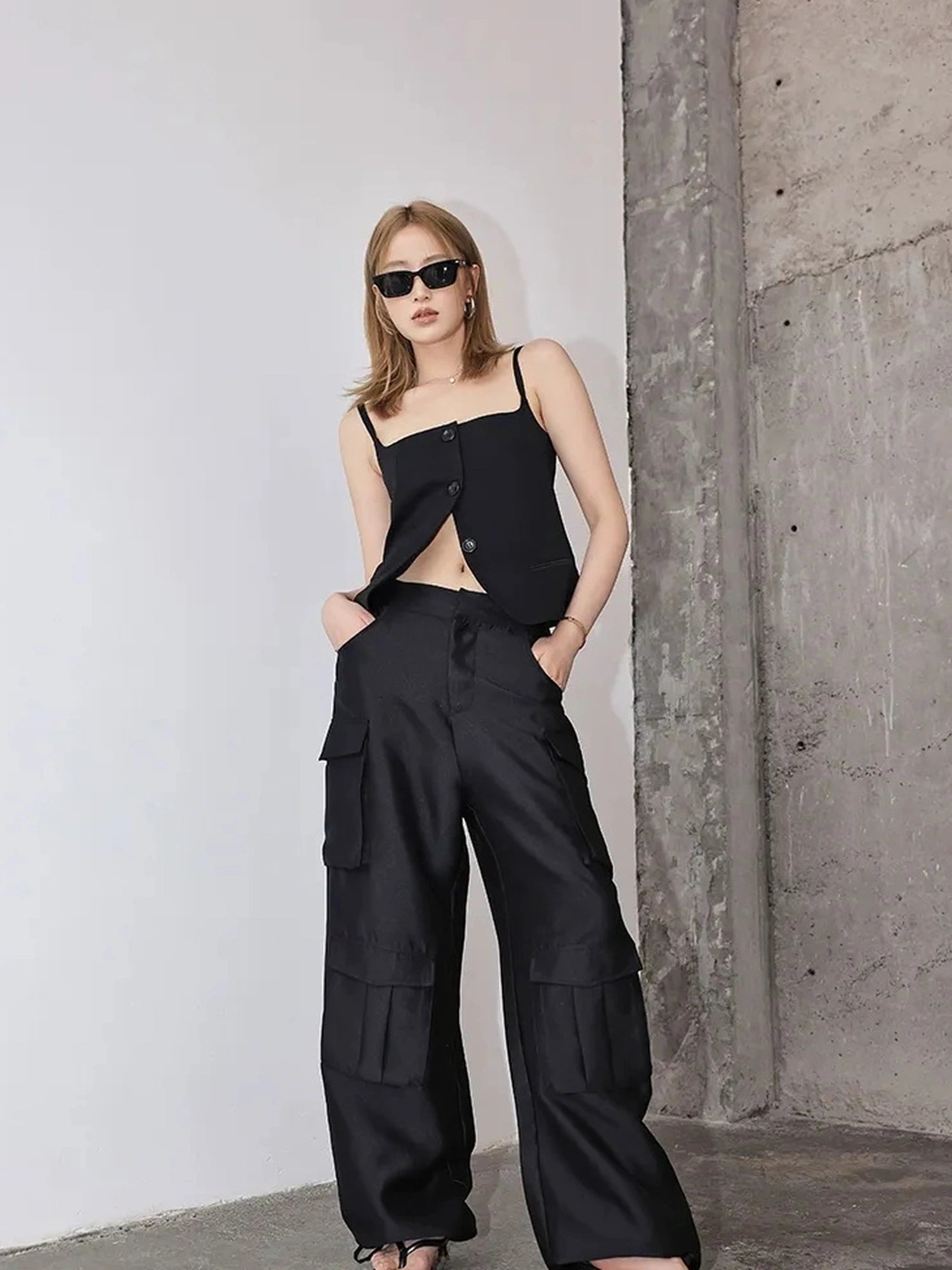 FU FRESH UP Matte Satin Cargo Wide Leg Pants