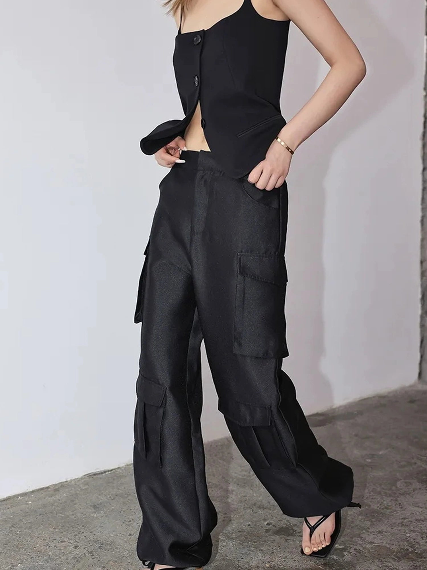 FU FRESH UP Matte Satin Cargo Wide Leg Pants
