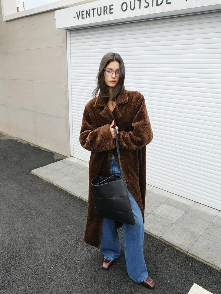 FU FRESH UP Minimalist Shearling Trim Woven Stand Collar Women&