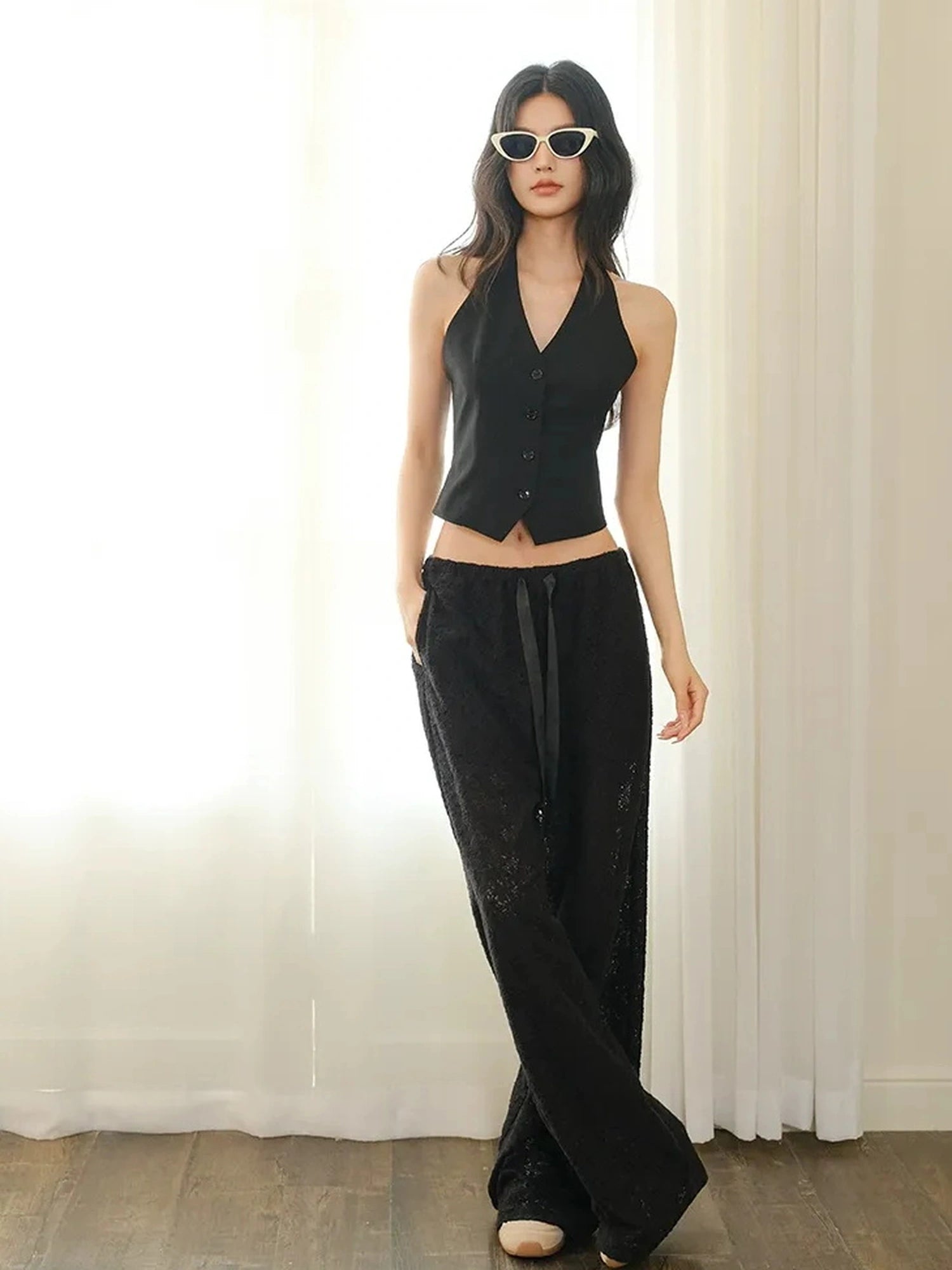 FU FRESH UP Modern Gentlewoman Halter Vest Trousers Set V-neck T-shirt Long Sleeve