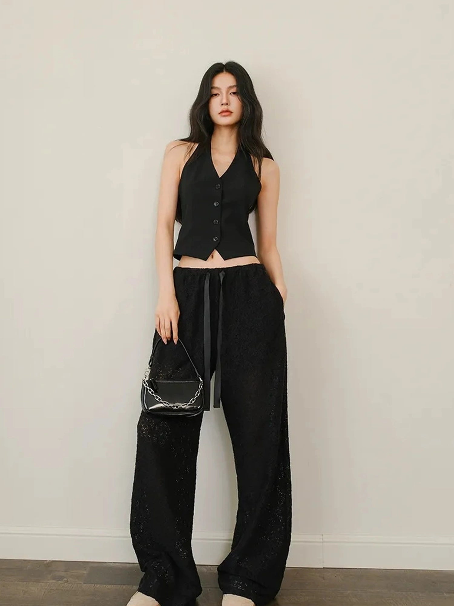 FU FRESH UP Modern Gentlewoman Halter Vest Trousers Set V-neck T-shirt Long Sleeve