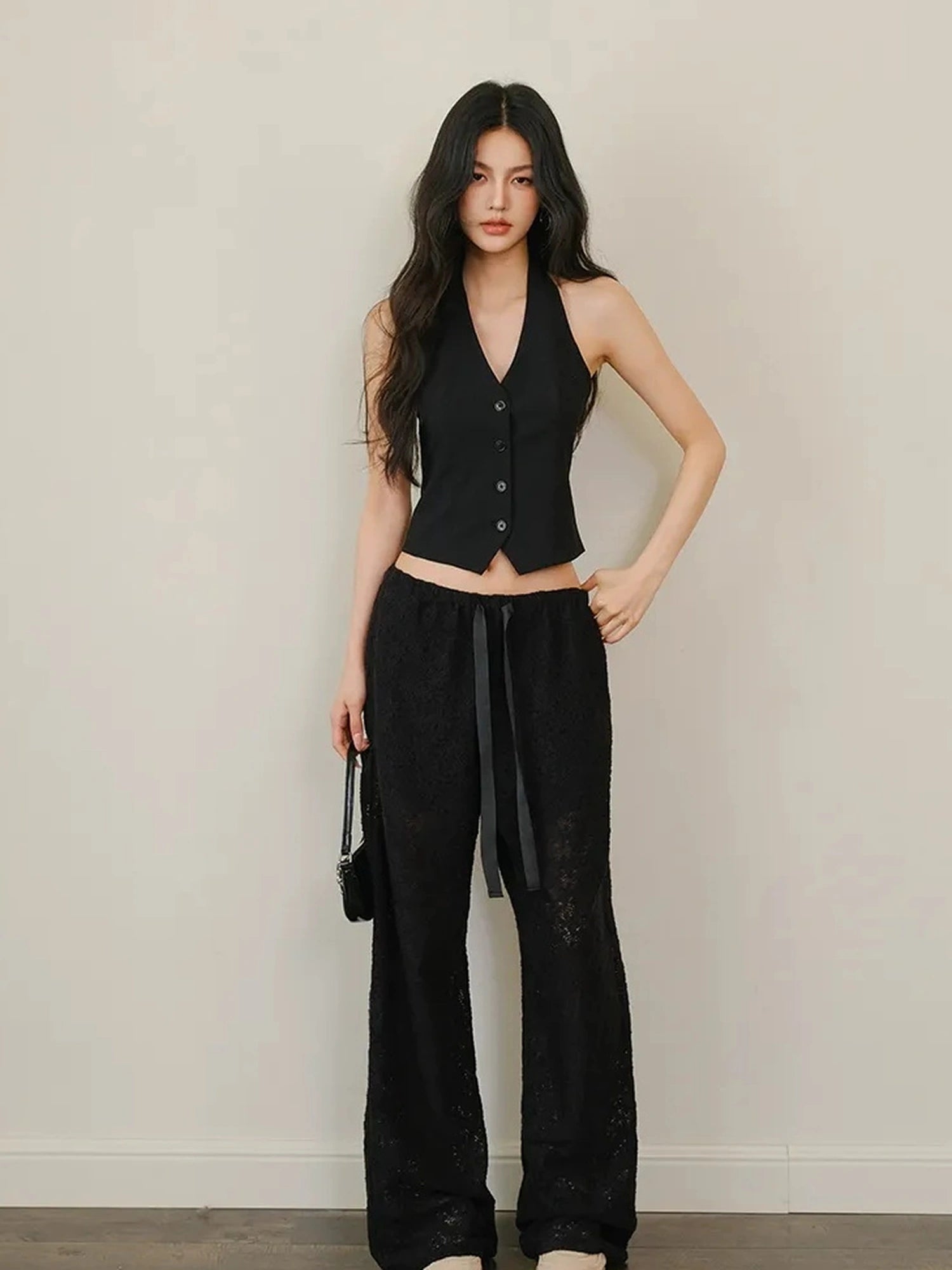 FU FRESH UP Modern Gentlewoman Halter Vest Trousers Set V-neck T-shirt Long Sleeve