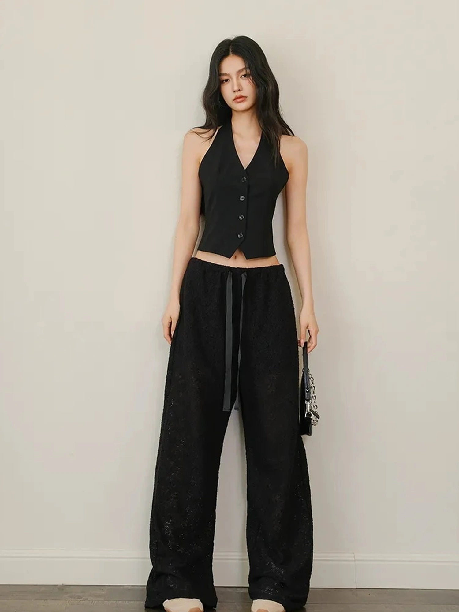 FU FRESH UP Modern Gentlewoman Halter Vest Trousers Set V-neck T-shirt Long Sleeve