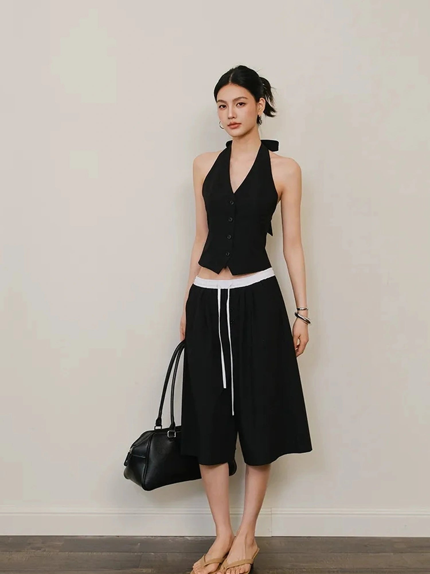 FU FRESH UP Modern Gentlewoman Halter Vest Trousers Set V-neck T-shirt Long Sleeve