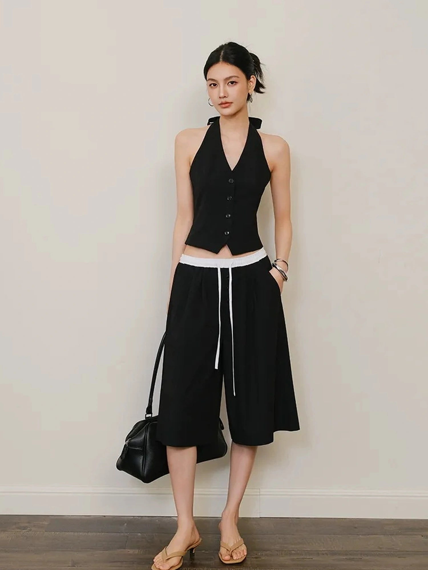 FU FRESH UP Modern Gentlewoman Halter Vest Trousers Set V-neck T-shirt Long Sleeve