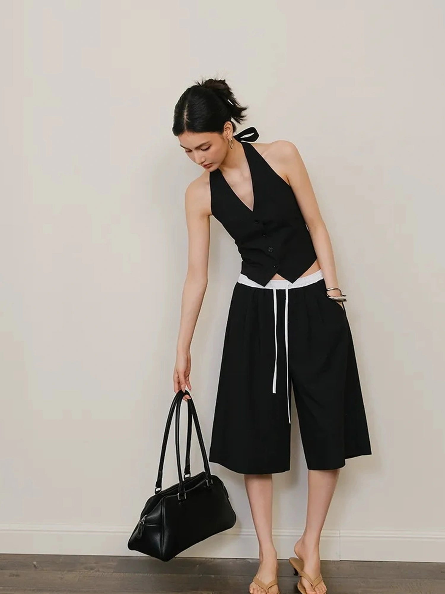 FU FRESH UP Modern Gentlewoman Halter Vest Trousers Set V-neck T-shirt Long Sleeve