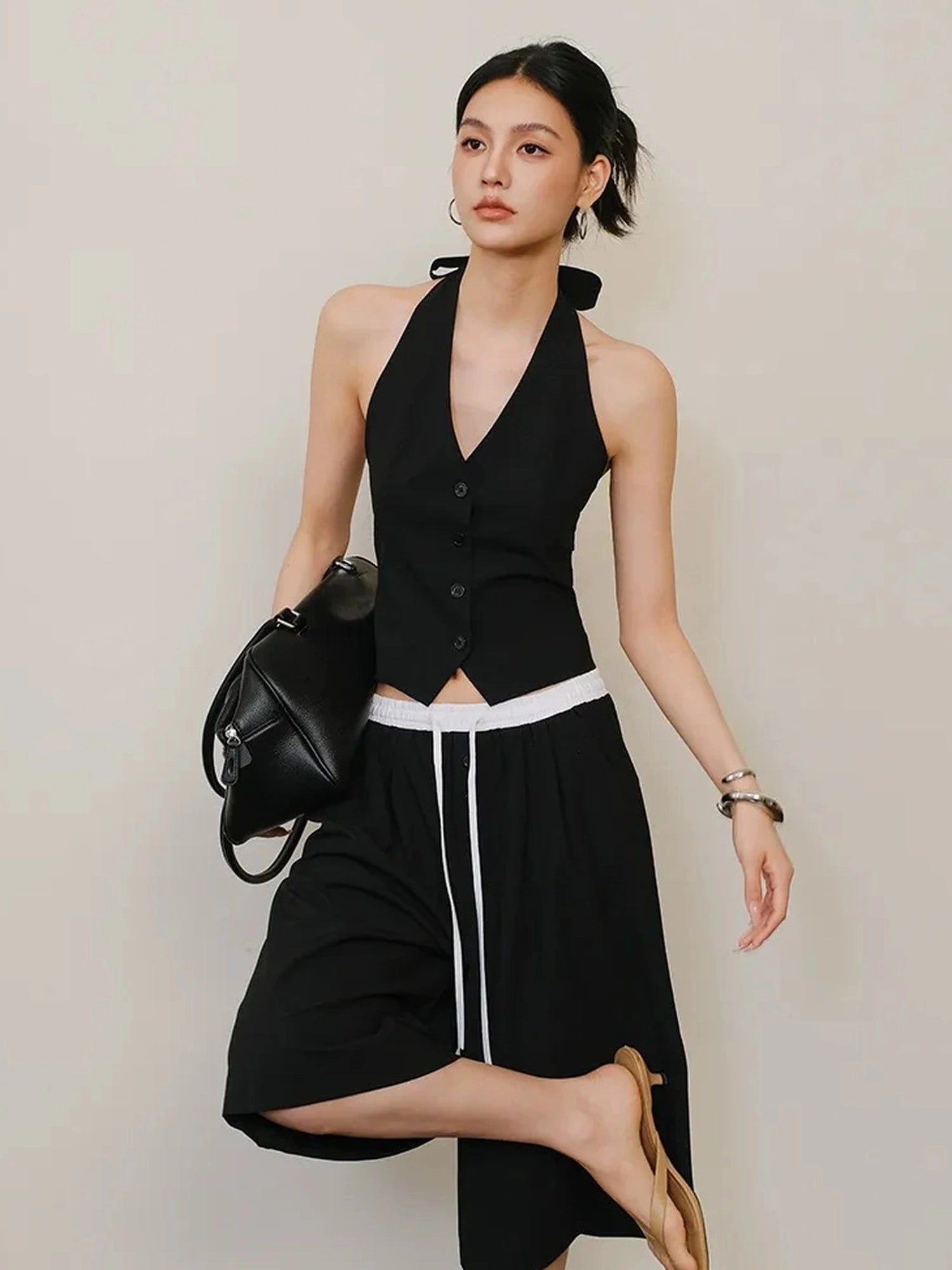 FU FRESH UP Modern Gentlewoman Halter Vest Trousers Set V-neck T-shirt Long Sleeve