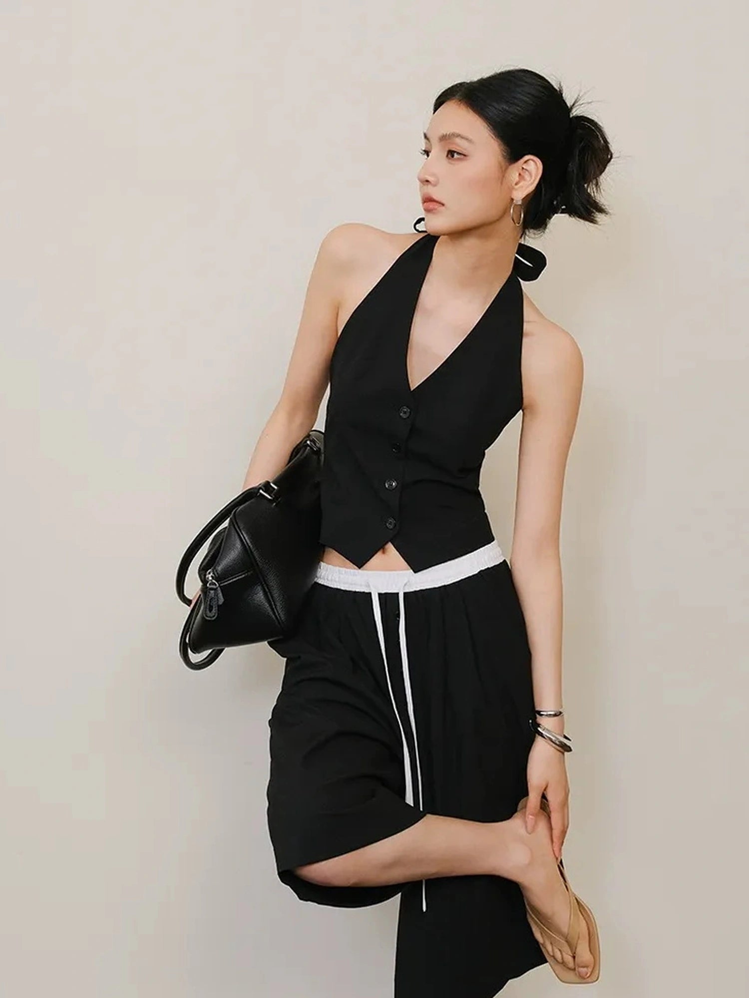 FU FRESH UP Modern Gentlewoman Halter Vest Trousers Set V-neck T-shirt Long Sleeve