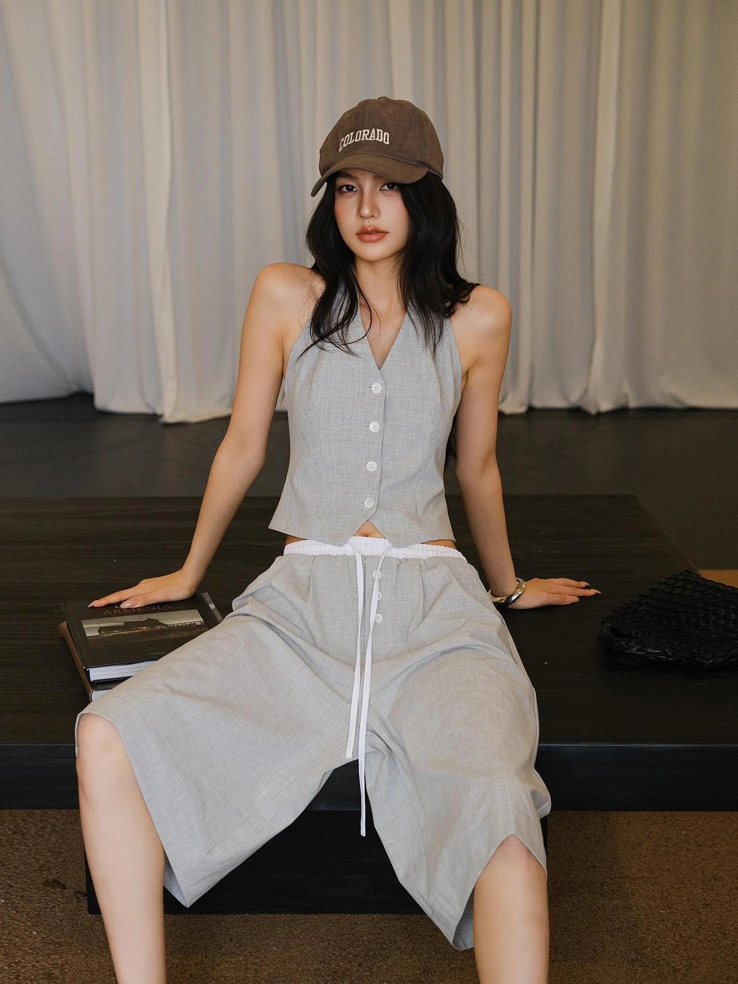 FU FRESH UP Modern Gentlewoman Halter Vest Trousers Set V-neck T-shirt Long Sleeve