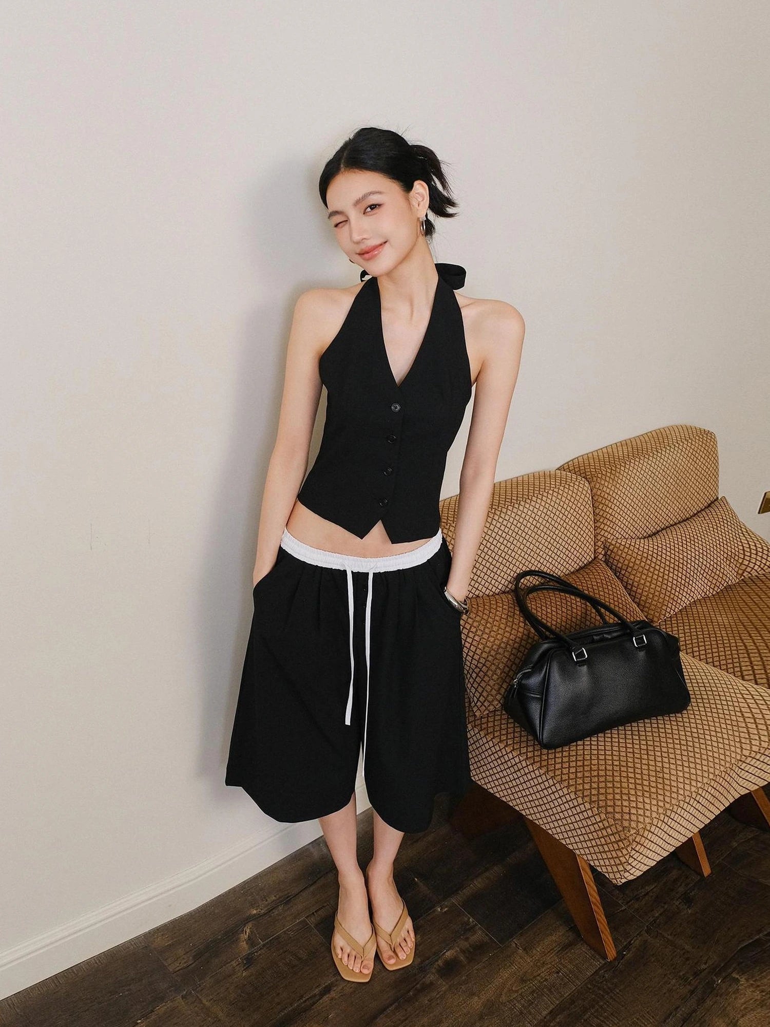 FU FRESH UP Modern Gentlewoman Halter Vest Trousers Set V-neck T-shirt Long Sleeve