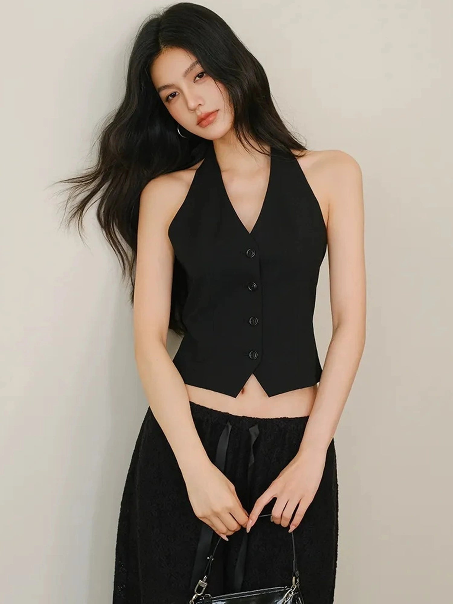 FU FRESH UP Modern Gentlewoman Halter Vest Trousers Set V-neck T-shirt Long Sleeve
