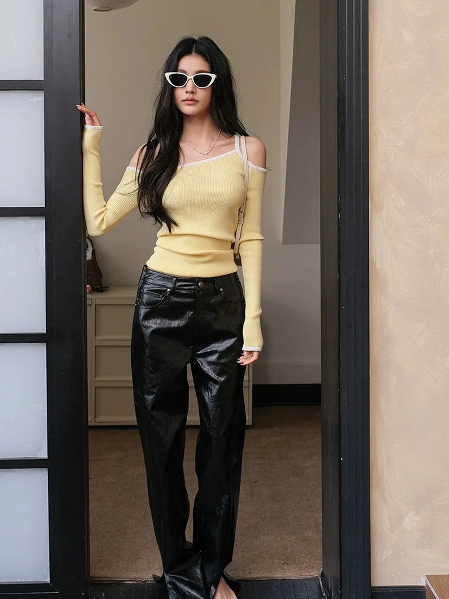 FU FRESH UP Modern Retro Slim Fit Leather Pants With Side Slit