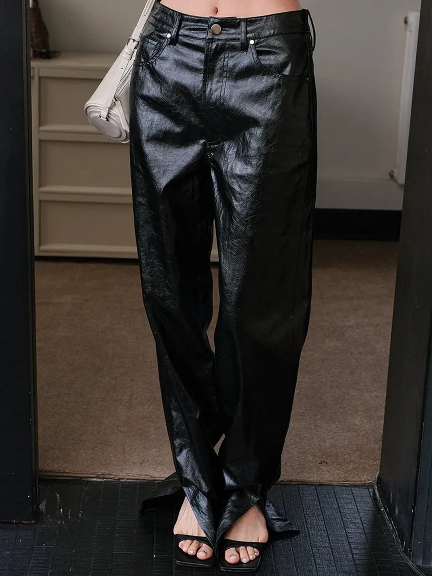 FU FRESH UP Modern Retro Slim Fit Leather Pants With Side Slit
